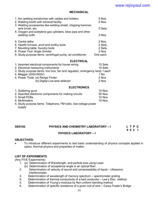 19
MECHANICAL
1. Arc welding transformer with cables and holders 5 Nos.
2. Welding booth with exhaust facility 5 Nos.
3. Welding accessories like welding shield, chipping hammer,
wire brush, etc. 5 Sets.
4. Oxygen and acetylene gas cylinders, blow pipe and other
welding outfit. 2 Nos.
5. Centre lathe 2 Nos.
6. Hearth furnace, anvil and smithy tools 2 Sets.
7. Moulding table, foundry tools 2 Sets.
8. Power Tool: Angle Grinder 2 Nos
9. Study-purpose items: centrifugal pump, air-conditioner One each.
ELECTRICAL
1. Assorted electrical components for house wiring 15 Sets
2. Electrical measuring instruments 10 Sets
3. Study purpose items: Iron box, fan and regulator, emergency lamp 1 each
4. Megger (250V/500V) 1 No.
5. Power Tools: (a) Range Finder 2 Nos
(b) Digital Live-wire detector 2 Nos
ELECTRONICS
1. Soldering guns 10 Nos.
2. Assorted electronic components for making circuits 50 Nos.
3. Small PCBs 10 Nos.
4. Multimeters 10 Nos.
5. Study purpose items: Telephone, FM radio, low-voltage power
supply
GE6163 PHYSICS AND CHEMISTRY LABORATORY – I L T P C
0 0 2 1
PHYSICS LABORATORY – I
OBJECTIVES:
 To introduce different experiments to test basic understanding of physics concepts applied in
optics, thermal physics and properties of matter.
LIST OF EXPERIMENTS
(Any FIVE Experiments)
1. (a) Determination of Wavelength, and particle size using Laser
(b) Determination of acceptance angle in an optical fiber.
2. Determination of velocity of sound and compressibility of liquid – Ultrasonic
interferometer.
3. Determination of wavelength of mercury spectrum – spectrometer grating
4. Determination of thermal conductivity of a bad conductor – Lee’s Disc method.
5. Determination of Young’s modulus by Non uniform bending method
6. Determination of specific resistance of a given coil of wire – Carey Foster’s Bridge
www.rejinpaul.com
 