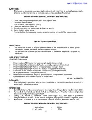 20
OUTCOMES:
 The hands on exercises undergone by the students will help them to apply physics principles
of optics and thermal physics to evaluate engineering properties of materials.
LIST OF EQUIPMENT FOR A BATCH OF 30 STUDENTS:
1. Diode laser, lycopodium powder, glass plate, optical fiber.
2. Ultrasonic interferometer
3. Spectrometer, mercury lamp, grating
4. Lee’s Disc experimental set up
5. Traveling microscope, meter scale, knife edge, weights
6. Carey foster’s bridge set up
(vernier Caliper, Screw gauge, reading lens are required for most of the experiments)
CHEMISTRY LABORATORY- I
OBJECTIVES:
 To make the student to acquire practical skills in the determination of water quality
parameters through volumetric and instrumental analysis.
 To acquaint the students with the determination of molecular weight of a polymer by
vacometry.
LIST OF EXPERIMENTS
(Any FIVE Experiments)
1 Determination of DO content of water sample by Winkler’s method.
2 Determination of chloride content of water sample by argentometric method.
3 Determination of strength of given hydrochloric acid using pH meter.
4 Determination of strength of acids in a mixture using conductivity meter.
5 Estimation of iron content of the water sample using spectrophotometer.
(1,10- phenanthroline / thiocyanate method).
6 Determination of molecular weight of polyvinylalcohol using Ostwald viscometer.
7 Conductometric titration of strong acid vs strong base.
TOTAL: 30 PERIODS
OUTCOMES:
 The students will be outfitted with hands-on knowledge in the quantitative chemical analysis of
water quality related parameters.
REFERENCES:
1. Daniel R. Palleros, “Experimental organic chemistry” John Wiley & Sons, Inc., New York 2001.
2. Furniss B.S. Hannaford A.J, Smith P.W.G and Tatchel A.R., “Vogel’s Textbook of practical
organic chemistry”, LBS Singapore 1994.
3. Jeffery G.H., Bassett J., Mendham J.and Denny vogel’s R.C, “Text book of quantitative
analysis chemical analysis”, ELBS 5th Edn. Longman, Singapore publishers, Singapore, 1996.
4. Kolthoff I.M., Sandell E.B. et al. “Quantitative chemical analysis”, Mcmillan, Madras 1980.
LIST OF EQUIPMENT FOR A BATCH OF 30 STUDENTS:
1. Iodine flask - 30 Nos
2. pH meter - 5 Nos
www.rejinpaul.com
 