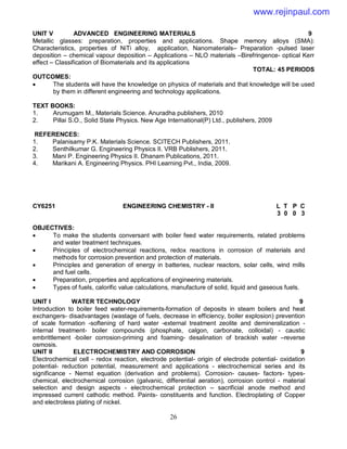 26
UNIT V ADVANCED ENGINEERING MATERIALS 9
Metallic glasses: preparation, properties and applications. Shape memory alloys (SMA):
Characteristics, properties of NiTi alloy, application, Nanomaterials– Preparation -pulsed laser
deposition – chemical vapour deposition – Applications – NLO materials –Birefringence- optical Kerr
effect – Classification of Biomaterials and its applications
TOTAL: 45 PERIODS
OUTCOMES:
 The students will have the knowledge on physics of materials and that knowledge will be used
by them in different engineering and technology applications.
TEXT BOOKS:
1. Arumugam M., Materials Science. Anuradha publishers, 2010
2. Pillai S.O., Solid State Physics. New Age International(P) Ltd., publishers, 2009
REFERENCES:
1. Palanisamy P.K. Materials Science. SCITECH Publishers, 2011.
2. Senthilkumar G. Engineering Physics II. VRB Publishers, 2011.
3. Mani P. Engineering Physics II. Dhanam Publications, 2011.
4. Marikani A. Engineering Physics. PHI Learning Pvt., India, 2009.
CY6251 ENGINEERING CHEMISTRY - II L T P C
3 0 0 3
OBJECTIVES:
 To make the students conversant with boiler feed water requirements, related problems
and water treatment techniques.
 Principles of electrochemical reactions, redox reactions in corrosion of materials and
methods for corrosion prevention and protection of materials.
 Principles and generation of energy in batteries, nuclear reactors, solar cells, wind mills
and fuel cells.
 Preparation, properties and applications of engineering materials.
 Types of fuels, calorific value calculations, manufacture of solid, liquid and gaseous fuels.
UNIT I WATER TECHNOLOGY 9
Introduction to boiler feed water-requirements-formation of deposits in steam boilers and heat
exchangers- disadvantages (wastage of fuels, decrease in efficiency, boiler explosion) prevention
of scale formation -softening of hard water -external treatment zeolite and demineralization -
internal treatment- boiler compounds (phosphate, calgon, carbonate, colloidal) - caustic
embrittlement -boiler corrosion-priming and foaming- desalination of brackish water –reverse
osmosis.
UNIT II ELECTROCHEMISTRY AND CORROSION 9
Electrochemical cell - redox reaction, electrode potential- origin of electrode potential- oxidation
potential- reduction potential, measurement and applications - electrochemical series and its
significance - Nernst equation (derivation and problems). Corrosion- causes- factors- types-
chemical, electrochemical corrosion (galvanic, differential aeration), corrosion control - material
selection and design aspects - electrochemical protection – sacrificial anode method and
impressed current cathodic method. Paints- constituents and function. Electroplating of Copper
and electroless plating of nickel.
www.rejinpaul.com
 