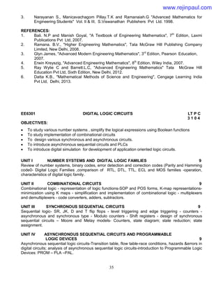 35
3. Narayanan S., Manicavachagom Pillay.T.K and Ramanaiah.G "Advanced Mathematics for
Engineering Students" Vol. II & III, S.Viswanathan Publishers Pvt Ltd. 1998.
REFERENCES:
1. Bali. N.P and Manish Goyal, "A Textbook of Engineering Mathematics", 7th
Edition, Laxmi
Publications Pvt Ltd, 2007.
2. Ramana. B.V., "Higher Engineering Mathematics", Tata McGraw Hill Publishing Company
Limited, New Delhi, 2008.
3. Glyn James, "Advanced Modern Engineering Mathematics", 3rd
Edition, Pearson Education,
2007.
4. Erwin Kreyszig, "Advanced Engineering Mathematics", 8th
Edition, Wiley India, 2007.
5. Ray Wylie C and Barrett.L.C, "Advanced Engineering Mathematics" Tata McGraw Hill
Education Pvt Ltd, Sixth Edition, New Delhi, 2012.
6. Datta K.B., "Mathematical Methods of Science and Engineering", Cengage Learning India
Pvt Ltd, Delhi, 2013.
EE6301 DIGITAL LOGIC CIRCUITS LT P C
3 1 0 4
OBJECTIVES:
 To study various number systems , simplify the logical expressions using Boolean functions
 To study implementation of combinational circuits
 To design various synchronous and asynchronous circuits.
 To introduce asynchronous sequential circuits and PLCs
 To introduce digital simulation for development of application oriented logic circuits.
UNIT I NUMBER SYSTEMS AND DIGITAL LOGIC FAMILIES 9
Review of number systems, binary codes, error detection and correction codes (Parity and Hamming
code0- Digital Logic Families ,comparison of RTL, DTL, TTL, ECL and MOS families -operation,
characteristics of digital logic family.
UNIT II COMBINATIONAL CIRCUITS 9
Combinational logic - representation of logic functions-SOP and POS forms, K-map representations-
minimization using K maps - simplification and implementation of combinational logic - multiplexers
and demultiplexers - code converters, adders, subtractors.
UNIT III SYNCHRONOUS SEQUENTIAL CIRCUITS 9
Sequential logic- SR, JK, D and T flip flops - level triggering and edge triggering - counters -
asynchronous and synchronous type - Modulo counters - Shift registers - design of synchronous
sequential circuits – Moore and Melay models- Counters, state diagram; state reduction; state
assignment.
UNIT IV ASYNCHRONOUS SEQUENTIAL CIRCUITS AND PROGRAMMABLE
LOGIC DEVICES 9
Asynchronous sequential logic circuits-Transition table, flow table-race conditions, hazards &errors in
digital circuits; analysis of asynchronous sequential logic circuits-introduction to Programmable Logic
Devices: PROM – PLA –PAL.
www.rejinpaul.com
 
