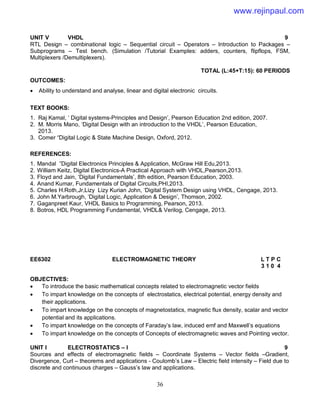 36
UNIT V VHDL 9
RTL Design – combinational logic – Sequential circuit – Operators – Introduction to Packages –
Subprograms – Test bench. (Simulation /Tutorial Examples: adders, counters, flipflops, FSM,
Multiplexers /Demultiplexers).
TOTAL (L:45+T:15): 60 PERIODS
OUTCOMES:
 Ability to understand and analyse, linear and digital electronic circuits.
TEXT BOOKS:
1. Raj Kamal, ‘ Digital systems-Principles and Design’, Pearson Education 2nd edition, 2007.
2. M. Morris Mano, ‘Digital Design with an introduction to the VHDL’, Pearson Education,
2013.
3. Comer “Digital Logic & State Machine Design, Oxford, 2012.
REFERENCES:
1. Mandal ”Digital Electronics Principles & Application, McGraw Hill Edu,2013.
2. William Keitz, Digital Electronics-A Practical Approach with VHDL,Pearson,2013.
3. Floyd and Jain, ‘Digital Fundamentals’, 8th edition, Pearson Education, 2003.
4. Anand Kumar, Fundamentals of Digital Circuits,PHI,2013.
5. Charles H.Roth,Jr,Lizy Lizy Kurian John, ‘Digital System Design using VHDL, Cengage, 2013.
6. John M.Yarbrough, ‘Digital Logic, Application & Design’, Thomson, 2002.
7. Gaganpreet Kaur, VHDL Basics to Programming, Pearson, 2013.
8. Botros, HDL Programming Fundamental, VHDL& Verilog, Cengage, 2013.
EE6302 ELECTROMAGNETIC THEORY L T P C
3 1 0 4
OBJECTIVES:
 To introduce the basic mathematical concepts related to electromagnetic vector fields
 To impart knowledge on the concepts of electrostatics, electrical potential, energy density and
their applications.
 To impart knowledge on the concepts of magnetostatics, magnetic flux density, scalar and vector
potential and its applications.
 To impart knowledge on the concepts of Faraday’s law, induced emf and Maxwell’s equations
 To impart knowledge on the concepts of Concepts of electromagnetic waves and Pointing vector.
UNIT I ELECTROSTATICS – I 9
Sources and effects of electromagnetic fields – Coordinate Systems – Vector fields –Gradient,
Divergence, Curl – theorems and applications - Coulomb’s Law – Electric field intensity – Field due to
discrete and continuous charges – Gauss’s law and applications.
www.rejinpaul.com
 
