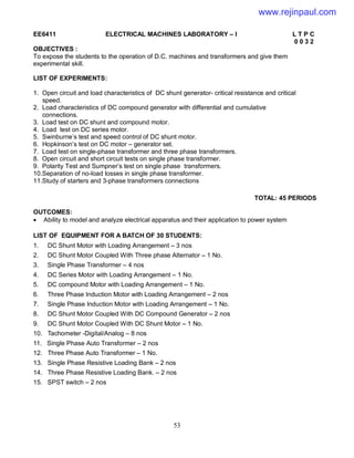 53
EE6411 ELECTRICAL MACHINES LABORATORY – I L T P C
0 0 3 2
OBJECTIVES :
To expose the students to the operation of D.C. machines and transformers and give them
experimental skill.
LIST OF EXPERIMENTS:
1. Open circuit and load characteristics of DC shunt generator- critical resistance and critical
speed.
2. Load characteristics of DC compound generator with differential and cumulative
connections.
3. Load test on DC shunt and compound motor.
4. Load test on DC series motor.
5. Swinburne’s test and speed control of DC shunt motor.
6. Hopkinson’s test on DC motor – generator set.
7. Load test on single-phase transformer and three phase transformers.
8. Open circuit and short circuit tests on single phase transformer.
9. Polarity Test and Sumpner’s test on single phase transformers.
10.Separation of no-load losses in single phase transformer.
11.Study of starters and 3-phase transformers connections
TOTAL: 45 PERIODS
OUTCOMES:
 Ability to model and analyze electrical apparatus and their application to power system
LIST OF EQUIPMENT FOR A BATCH OF 30 STUDENTS:
1. DC Shunt Motor with Loading Arrangement – 3 nos
2. DC Shunt Motor Coupled With Three phase Alternator – 1 No.
3. Single Phase Transformer – 4 nos
4. DC Series Motor with Loading Arrangement – 1 No.
5. DC compound Motor with Loading Arrangement – 1 No.
6. Three Phase Induction Motor with Loading Arrangement – 2 nos
7. Single Phase Induction Motor with Loading Arrangement – 1 No.
8. DC Shunt Motor Coupled With DC Compound Generator – 2 nos
9. DC Shunt Motor Coupled With DC Shunt Motor – 1 No.
10. Tachometer -Digital/Analog – 8 nos
11. Single Phase Auto Transformer – 2 nos
12. Three Phase Auto Transformer – 1 No.
13. Single Phase Resistive Loading Bank – 2 nos
14. Three Phase Resistive Loading Bank. – 2 nos
15. SPST switch – 2 nos
www.rejinpaul.com
 