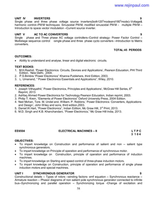 58
UNIT IV INVERTERS 9
Single phase and three phase voltage source inverters(both1200
modeand1800
mode)–Voltage&
harmonic control--PWM techniques: Sinusoidal PWM, modified sinusoidal PWM - multiple PWM –
Introduction to space vector modulation –Current source inverter.
UNIT V AC TO AC CONVERTERS 9
Single phase and Three phase AC voltage controllers–Control strategy- Power Factor Control –
Multistage sequence control -single phase and three phase cyclo converters –Introduction to Matrix
converters.
TOTAL:45 PERIODS
OUTCOMES:
 Ability to understand and analyse, linear and digital electronic circuits.
TEXT BOOKS:
1. M.H.Rashid, ‘Power Electronics: Circuits, Devices and Applications’, Pearson Education, PHI Third
Edition, New Delhi, 2004.
2. P.S.Bimbra “Power Electronics” Khanna Publishers, third Edition, 2003.
3. L. Umanand, “ Power Electronics Essentials and Applications”, Wiley, 2010.
REFERENCES:
1. Joseph Vithayathil,’ Power Electronics, Principles and Applications’, McGraw Hill Series, 6th
Reprint, 2013.
2. Ashfaq Ahmed Power Electronics for Technology Pearson Education, Indian reprint, 2003.
3. Philip T. Krein, “Elements of Power Electronics” Oxford University Press, 2004 Edition.
4. Ned Mohan, Tore. M. Undel and, William. P. Robbins,‘ Power Electronics: Converters, Applications
and Design’, John Wiley and sons, third edition,2003.
5. Daniel.W.Hart, “Power Electronics”, Indian Edition, Mc Graw Hill, 3rd
Print, 2013.
6. M.D. Singh and K.B. Khanchandani, “Power Electronics,” Mc Graw Hill India, 2013.
EE6504 ELECTRICAL MACHINES – II L T P C
3 1 0 4
OBJECTIVES:
 To impart knowledge on Construction and performance of salient and non – salient type
synchronous generators.
 To impart knowledge on Principle of operation and performance of synchronous motor.
 To impart knowledge on Construction, principle of operation and performance of induction
machines.
 To impart knowledge on Starting and speed control of three-phase induction motors.
 To impart knowledge on Construction, principle of operation and performance of single phase
induction motors and special machines.
UNIT I SYNCHRONOUS GENERATOR 9
Constructional details – Types of rotors –winding factors- emf equation – Synchronous reactance –
Armature reaction – Phasor diagrams of non salient pole synchronous generator connected to infinite
bus--Synchronizing and parallel operation – Synchronizing torque -Change of excitation and
www.rejinpaul.com
 