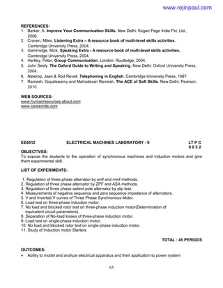 65
REFERENCES:
1. Barker, A. Improve Your Communication Skills. New Delhi: Kogan Page India Pvt. Ltd.,
2006.
2. Craven, Miles. Listening Extra – A resource book of multi-level skills activities.
Cambridge University Press, 2004.
3. Gammidge, Mick. Speaking Extra - A resource book of multi-level skills activities.
Cambridge University Press, 2004.
4. Hartley, Peter. Group Communication. London: Routledge, 2004.
5. John Seely. The Oxford Guide to Writing and Speaking. New Delhi: Oxford University Press,
2004.
6. Naterop, Jean & Rod Revell. Telephoning in English. Cambridge University Press, 1987.
7. Ramesh, Gopalswamy and Mahadevan Ramesh. The ACE of Soft Skills. New Delhi: Pearson,
2010.
WEB SOURCES:
www.humanresources.about.com
www.careerride.com
EE6512 ELECTRICAL MACHINES LABORATORY - II LT P C
0 0 3 2
OBJECTIVES:
To expose the students to the operation of synchronous machines and induction motors and give
them experimental skill.
LIST OF EXPERIMENTS:
1. Regulation of three phase alternator by emf and mmf methods.
2. Regulation of three phase alternator by ZPF and ASA methods.
3. Regulation of three phase salient pole alternator by slip test.
4. Measurements of negative sequence and zero sequence impedance of alternators.
5. V and Inverted V curves of Three Phase Synchronous Motor.
6. Load test on three-phase induction motor.
7. No load and blocked rotor test on three-phase induction motor(Determination of
equivalent circuit parameters).
8. Separation of No-load losses of three-phase induction motor.
9. Load test on single-phase induction motor.
10. No load and blocked rotor test on single-phase induction motor.
11. Study of Induction motor Starters
TOTAL : 45 PERIODS
OUTCOMES:
 Ability to model and analyze electrical apparatus and their application to power system
www.rejinpaul.com
 
