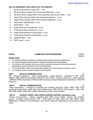 66
LIST OF EQUIPMENT FOR A BATCH OF 30 STUDENTS:
1. Synchronous Induction motor 3HP – 1 No.
2. DC Shunt Motor Coupled With Three phase Alternator – 4 nos
3. DC Shunt Motor Coupled With Three phase Slip ring Induction motor – 1 No.
4. Three Phase Induction Motor with Loading Arrangement – 2 nos
5. Single Phase Induction Motor with Loading Arrangement – 2 nos
6. Tachometer -Digital/Analog – 8 nos
7. BLDC Motor – 1 No.
8. Single Phase Auto Transformer – 2 nos
9. Three Phase Auto Transformer – 3 nos
10. Single Phase Resistive Loading Bank – 2 nos
11. Three Phase Resistive Loading Bank – 2 nos
12. Capacitor Bank – 1 No.
13. SPST switch – 2 nos
EC6651 COMMUNICATION ENGINEERING LT P C
3 0 0 3
OBJECTIVES:
 To introduce different methods of analog communication and their significance
 To introduce Digital Communication methods for high bit rate transmission
 To introduce the concepts of source and line coding techniques for enhancing rating of
transmission of minimizing the errors in transmission.
 To introduce MAC used in communication systems for enhancing the number of users.
 To introduce various media for digital communication
UNIT I ANALOG COMMUNICATION 9
AM – Frequency spectrum – vector representation – power relations – generation of AM – DSB,
DSB/SC, SSB, VSB AM Transmitter & Receiver; FM and PM – frequency spectrum – power relations
: NBFM & WBFM, Generation of FM and DM, Amstrong method & Reactance modulations : FM & PM
frequency.
UNIT II DIGITAL COMMUNICATION 9
Pulse modulations – concepts of sampling and sampling theormes, PAM, PWM, PPM, PTM,
quantization and coding : DCM, DM, slope overload error. ADM, DPCM, OOK systems – ASK, FSK,
PSK, BSK, QPSK, QAM, MSK, GMSK, applications of Data communication.
UNIT III SOURCE CODES, LINE CODES & ERROR CONTROL (Qualitative only) 9
Primary communication – entropy, properties, BSC, BEC, source coding : Shaum, Fao, Huffman
coding : noiseless coding theorum, BW – SNR trade off codes: NRZ, RZ, AMI, HDBP, ABQ,
MBnBcodes : Efficiency of transmissions, error control codes and applications: convolutions & block
codes.
www.rejinpaul.com
 