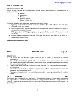 8
EVALUATION PATTERN:
Internal assessment: 20%
3 tests of which two are pen and paper tests and the other is a combination of different modes of
assessment like
 Project
 Assignment
 Reviews
 Creative writing
 Poster making, etc.
All the four skills are to be tested with equal weightage given to each.
 Speaking assessment: Individual speaking activities, Pair work activities like role play,
Interview, Group discussions
 Reading assessment: Reading passages with comprehension questions graded from simple to
complex, from direct to inferential
 Writing assessment: Writing paragraphs, essays etc. Writing should include grammar and
vocabulary.
 Listening/Viewing assessment: Lectures, dialogues, film clippings with questions on verbal as
well as audio/visual content.
End Semester Examination: 80%
MA6151 MATHEMATICS – I L T P C
3 1 0 4
OBJECTIVES:
 To develop the use of matrix algebra techniques this is needed by engineers for practical
applications.
 To make the student knowledgeable in the area of infinite series and their convergence so that
he/ she will be familiar with limitations of using infinite series approximations for solutions arising
in mathematical modeling.
 To familiarize the student with functions of several variables. This is needed in many branches
of engineering.
 To introduce the concepts of improper integrals, Gamma, Beta and Error functions which are
needed in engineering applications.
 To acquaint the student with mathematical tools needed in evaluating multiple integrals and their
usage.
UNIT I MATRICES 9+3
Eigenvalues and Eigenvectors of a real matrix – Characteristic equation – Properties of eigenvalues
and eigenvectors – Statement and applications of Cayley-Hamilton Theorem – Diagonalization of
matrices – Reduction of a quadratic form to canonical form by orthogonal transformation – Nature of
quadratic forms.
www.rejinpaul.com
 