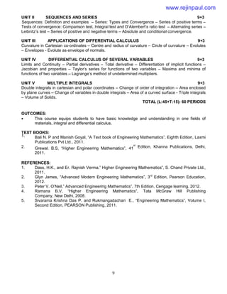 9
UNIT II SEQUENCES AND SERIES 9+3
Sequences: Definition and examples – Series: Types and Convergence – Series of positive terms –
Tests of convergence: Comparison test, Integral test and D’Alembert’s ratio test – Alternating series –
Leibnitz’s test – Series of positive and negative terms – Absolute and conditional convergence.
UNIT III APPLICATIONS OF DIFFERENTIAL CALCULUS 9+3
Curvature in Cartesian co-ordinates – Centre and radius of curvature – Circle of curvature – Evolutes
– Envelopes - Evolute as envelope of normals.
UNIT IV DIFFERENTIAL CALCULUS OF SEVERAL VARIABLES 9+3
Limits and Continuity – Partial derivatives – Total derivative – Differentiation of implicit functions –
Jacobian and properties – Taylor’s series for functions of two variables – Maxima and minima of
functions of two variables – Lagrange’s method of undetermined multipliers.
UNIT V MULTIPLE INTEGRALS 9+3
Double integrals in cartesian and polar coordinates – Change of order of integration – Area enclosed
by plane curves – Change of variables in double integrals – Area of a curved surface - Triple integrals
– Volume of Solids.
TOTAL (L:45+T:15): 60 PERIODS
OUTCOMES:
 This course equips students to have basic knowledge and understanding in one fields of
materials, integral and differential calculus.
TEXT BOOKS:
1. Bali N. P and Manish Goyal, “A Text book of Engineering Mathematics”, Eighth Edition, Laxmi
Publications Pvt Ltd., 2011.
2. Grewal. B.S, “Higher Engineering Mathematics”, 41
st
Edition, Khanna Publications, Delhi,
2011.
REFERENCES:
1. Dass, H.K., and Er. Rajnish Verma,” Higher Engineering Mathematics”, S. Chand Private Ltd.,
2011.
2. Glyn James, “Advanced Modern Engineering Mathematics”, 3rd
Edition, Pearson Education,
2012.
3. Peter V. O’Neil,” Advanced Engineering Mathematics”, 7th Edition, Cengage learning, 2012.
4. Ramana B.V, “Higher Engineering Mathematics”, Tata McGraw Hill Publishing
Company, New Delhi, 2008.
5. Sivarama Krishna Das P. and Rukmangadachari E., “Engineering Mathematics”, Volume I,
Second Edition, PEARSON Publishing, 2011.
www.rejinpaul.com
 