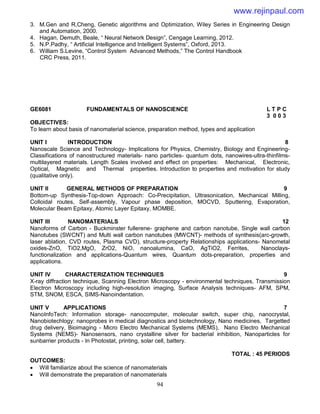 94
3. M.Gen and R,Cheng, Genetic algorithms and Optimization, Wiley Series in Engineering Design
and Automation, 2000.
4. Hagan, Demuth, Beale, “ Neural Network Design”, Cengage Learning, 2012.
5. N.P.Padhy, “ Artificial Intelligence and Intelligent Systems”, Oxford, 2013.
6. William S.Levine, “Control System Advanced Methods,” The Control Handbook
CRC Press, 2011.
GE6081 FUNDAMENTALS OF NANOSCIENCE L T P C
3 0 0 3
OBJECTIVES:
To learn about basis of nanomaterial science, preparation method, types and application
UNIT I INTRODUCTION 8
Nanoscale Science and Technology- Implications for Physics, Chemistry, Biology and Engineering-
Classifications of nanostructured materials- nano particles- quantum dots, nanowires-ultra-thinfilms-
multilayered materials. Length Scales involved and effect on properties: Mechanical, Electronic,
Optical, Magnetic and Thermal properties. Introduction to properties and motivation for study
(qualitative only).
UNIT II GENERAL METHODS OF PREPARATION 9
Bottom-up Synthesis-Top-down Approach: Co-Precipitation, Ultrasonication, Mechanical Milling,
Colloidal routes, Self-assembly, Vapour phase deposition, MOCVD, Sputtering, Evaporation,
Molecular Beam Epitaxy, Atomic Layer Epitaxy, MOMBE.
UNIT III NANOMATERIALS 12
Nanoforms of Carbon - Buckminster fullerene- graphene and carbon nanotube, Single wall carbon
Nanotubes (SWCNT) and Multi wall carbon nanotubes (MWCNT)- methods of synthesis(arc-growth,
laser ablation, CVD routes, Plasma CVD), structure-property Relationships applications- Nanometal
oxides-ZnO, TiO2,MgO, ZrO2, NiO, nanoalumina, CaO, AgTiO2, Ferrites, Nanoclays-
functionalization and applications-Quantum wires, Quantum dots-preparation, properties and
applications.
UNIT IV CHARACTERIZATION TECHNIQUES 9
X-ray diffraction technique, Scanning Electron Microscopy - environmental techniques, Transmission
Electron Microscopy including high-resolution imaging, Surface Analysis techniques- AFM, SPM,
STM, SNOM, ESCA, SIMS-Nanoindentation.
UNIT V APPLICATIONS 7
NanoInfoTech: Information storage- nanocomputer, molecular switch, super chip, nanocrystal,
Nanobiotechlogy: nanoprobes in medical diagnostics and biotechnology, Nano medicines, Targetted
drug delivery, Bioimaging - Micro Electro Mechanical Systems (MEMS), Nano Electro Mechanical
Systems (NEMS)- Nanosensors, nano crystalline silver for bacterial inhibition, Nanoparticles for
sunbarrier products - In Photostat, printing, solar cell, battery.
TOTAL : 45 PERIODS
OUTCOMES:
 Will familiarize about the science of nanomaterials
 Will demonstrate the preparation of nanomaterials
www.rejinpaul.com
 