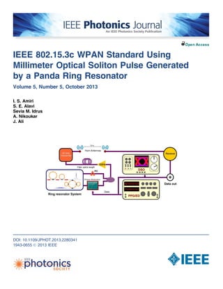 IEEE 802.15.3c WPAN Standard Using
Millimeter Optical Soliton Pulse Generated
by a Panda Ring Resonator
Volume 5, Number 5, October 2013
I. S. Amiri
S. E. Alavi
Sevia M. Idrus
A. Nikoukar
J. Ali
DOI: 10.1109/JPHOT.2013.2280341
1943-0655 Ó 2013 IEEE
 