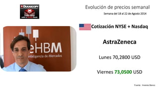 Evolución de precios semanal 
Semana del 18 al 22 de Agosto 2014 
Cotización NYSE + Nasdaq 
AstraZeneca 
Lunes 70,2800 USD 
Viernes 73,0500 USD 
Fuente : Inversis Banco 
 