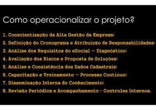 Como operacionalizar o projeto? 
1. CCCCoooonnnnsssscccciiiieeeennnnttttiiiizzzzaaaaççççããããoooo ddddaaaa AAAAllllttttaaaa GGGGeeeessssttttããããoooo 
2. DDDDeeeeffffiiiinnnniiiiççççããããoooo ddddoooo CCCCrrrroooonnnnooooggggrrrraaaammmmaaaa e AAAAttttrrrriiiibbbbuuuuiiiiççççããããoooo 
3. AAAAnnnnáááálllliiiisssseeee ddddoooossss RRRReeeeqqqquuuuiiiissssiiiittttoooossss ddddoooo eeeeSSSSoooocccciiiiaaaallll 
4. AAAAvvvvaaaalllliiiiaaaaççççããããoooo ddddoooossss RRRRiiiissssccccoooossss e PPPPrrrrooooppppoooossssttttaaaa 
5. AAAAnnnnáááálllliiiisssseeee e CCCCoooonnnnssssiiiissssttttêêêênnnncccciiiiaaaa ddddoooossss DDDDaaaaddddoooossss 
6. CCCCaaaappppaaaacccciiiittttaaaaççççããããoooo e TTTTrrrreeeeiiiinnnnaaaammmmeeeennnnttttoooo - 
7. DDDDiiiisssssssseeeemmmmiiiinnnnaaaaççççããããoooo IIIInnnntttteeeerrrrnnnnaaaa ddddoooo CCCCoooonnnnhhhheeeecccciiiimmmmeeeennnnttttoooo 
8. RRRReeeevvvviiiissssããããoooo PPPPeeeerrrriiiióóóóddddiiiiccccaaaa e AAAAccccoooommmmppppaaaannnnhhhhaaaammmmeeeennnnttttoooo 
ddddaaaa EEEEmmmmpppprrrreeeessssaaaa; 
ddddeeee Responsabilliidades; 
- DDDDiiiiaaaaggggnnnnóóóóssssttttiiiiccccoooo;; 
ddddeeee SSSSoooolllluuuuççççõõõõeeeessss; 
CCCCaaaaddddaaaassssttttrrrraaaaiiiissss; 
PPPPrrrroooocccceeeessssssssoooo CCCCoooonnnnttttíííínnnnuuuuoooo;; 
CCCCoooonnnnhhhheeeecccciiiimmmmeeeennnnttttoooo; 
– CCCCoooonnnnttttrrrroooolllleeeessss IIIInnnntttteeeerrrrnnnnoooossss. 
 