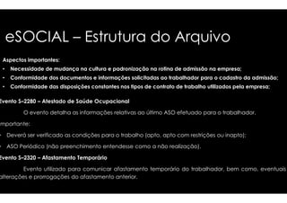 eSOCIAL – Estrutura do Arquivo 
Aspectos importantes: 
• Necessidade de mudança na cultura e padronização 
• Conformidade dos documentos e informações solicitadas 
• Conformidade das disposições constantes nos tipos 
Evento S–2280 – Atestado ddee SSaaúúddee OOccuuppaacciioonnaall 
O evento detalha as informações relativas ao 
Importante: 
• Deverá ser verificado as condições para o trabalho 
• ASO Periódico (não preenchimento entendesse como 
Evento S–2320 – Afastamento Temporário 
Evento utilizado para comunicar afastamento 
alterações e prorrogações do afastamento anterior. 
na rotina de admissão na empresa; 
ao trabalhador para o cadastro da admissão; 
de contrato de trabalho utilizados pela empresa; 
último ASO efetuado para o trabalhador. 
(apto, apto com restrições ou inapto); 
a não realização). 
temporário do trabalhador, bem como, eventuais 
 