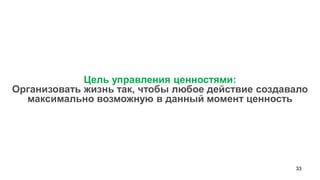 33 
Цель управления ценностями: 
Организовать жизнь так, чтобы любое действие создавало максимально возможную в данный момент ценность  