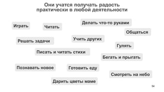 54 
Они учатся получать радость 
практически в любой деятельности 
Читать 
Решать задачи 
Делать что-то руками 
Играть 
Познавать новое 
Учить других 
Писать и читать стихи 
Гулять 
Общаться 
Смотреть на небо 
Бегать и прыгать 
Готовить еду 
Дарить цветы маме  