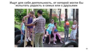 63 
Ищут для себя деятельность, от которой могли бы 
испытать радость в семье или с друзьями  