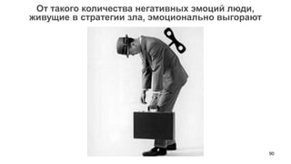 90 
От такого количества негативных эмоций люди, 
живущие в стратегии зла, эмоционально выгорают  