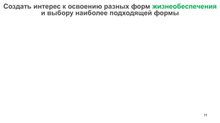 11 
Создать интерес к освоению разных форм жизнеобеспечения и выбору наиболее подходящей формы  