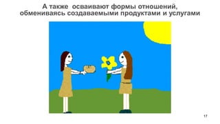 17 
А также осваивают формы отношений, 
обмениваясь создаваемыми продуктами и услугами  