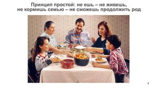 4 
Принцип простой: не ешь – не живешь, 
не кормишь семью – не сможешь продолжить род  