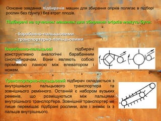 Основне завдання підбирачівпідбирачів машин для збирання огірків полягає в підборі
рослин без ґрунту і без втрат плодів.
Барабанно-пальцьовіБарабанно-пальцьові підбирачі
конструктивно аналогічні барабанним
сінопідбирачам. Вони являють собою
проміжною ланкою між елеватором і
ножем.
- барабанно-пальцьовими- барабанно-пальцьовими
- транспортерно-пальцьовими- транспортерно-пальцьовими
Транспортерно-пальцьовийТранспортерно-пальцьовий підбирач складається з
внутрішнього пальцьового транспортера та
зовнішнього ремінного. Останній є набором вузьких
ременів, що розміщуються між пальцями
внутрішнього транспортера. Зовнішній транспортер не
лише переміщає підібрані рослини, але і знімає їх з
пальців внутрішнього.
Підбирачі на сучасних машинах для збирання огірків можуть бути:Підбирачі на сучасних машинах для збирання огірків можуть бути:
 
