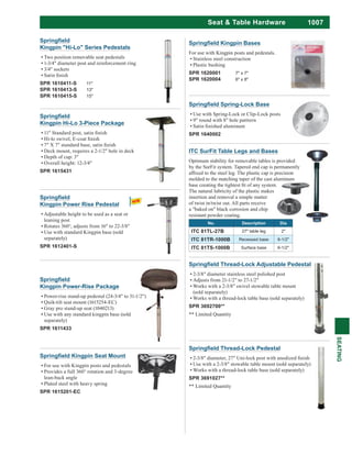 1007
SEATING
Seat & Table Hardware
Kingpin "Hi-Lo" Series Pedestals
Two position removable seat pedestals
1-3/4" diameter post and reinforcement ring
3/4" sockets
SPR 1610411-S 11"
SPR 1610413-S 13"
SPR 1610415-S 15"
Kingpin Hi-Lo 3-Piece Package
Overall height: 12-3/4"
SPR 1615431
Kingpin Power-Rise Package
Power-rise stand-up pedestal (24-3/4" to 31-1/2")
Quik-tilt seat mount (1615254-EC)
Gray pro stand-up seat (1040213)
Use with any standard kingpin base (sold
separately)
SPR 1611433
Kingpin Seat Mount
For use with Kingpin posts and pedestals
Provides a full 360° rotation and 3-degree
lean-back angle
Plated steel with heavy spring
SPR 1615201-EC
ITC SurFit Table Legs and Bases
Optimum stability for removable tables is provided
by the SurFit system. Tapered end cap is permanently
molded to the matching taper of the cast aluminum
The natural lubricity of the plastic makes
insertion and removal a simple matter
of twist in/twist out. All parts receive
a "baked on" black corrosion and chip
resistant powder coating.
No. Description Dia
ITC 81TL-27B 27" table leg 2"
ITC 81TR-1000B Recessed base 6-1/2"
ITC 81TS-1000B Surface base 6-1/2"
(sold separately)
Works with a thread-lock table base (sold separately)
SPR 3692700**
** Limited Quantity
Kingpin Bases
For use with Kingpin posts and pedestals.
Stainless steel construction
Plastic bushing
SPR 1620001 7" x 7"
SPR 1620004 6" x 8"
Use with Spring-Lock or Clip-Lock posts
9" round with 8" hole patttern
SPR 1640002
Kingpin Power Rise Pedestal
Adjustable height to be used as a seat or
leaning post
Use with standard Kingpin base (sold
separately)
SPR 1612401-S
Works with a thread-lock table base (sold separately)
SPR 3691027**
** Limited Quantity
 