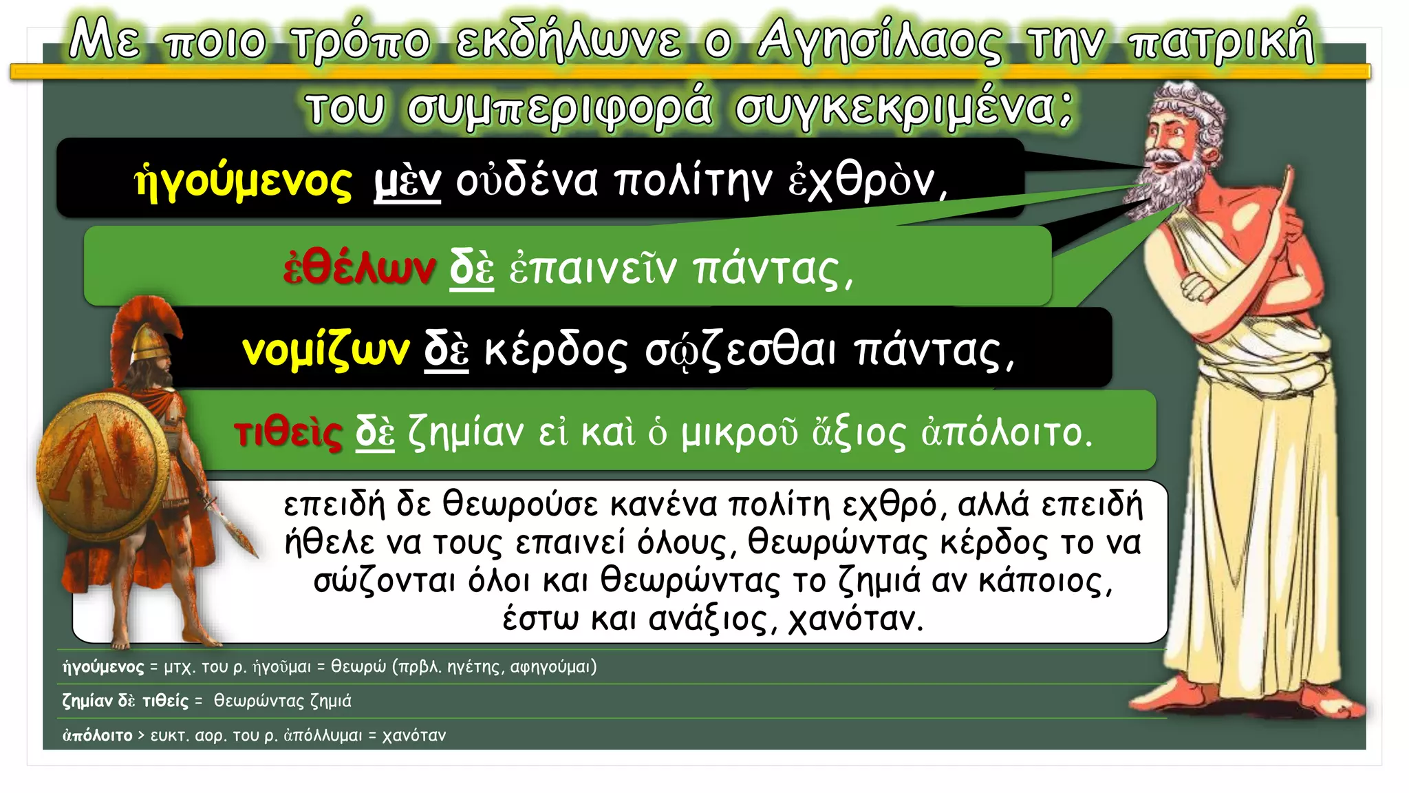 ἡγούμενος μὲν οὐδένα πολίτην ἐχθρὸν,
τιθεὶς δὲ ζημίαν εἰ καὶ ὁ μικροῦ ἄξιος ἀπόλοιτο.
νομίζων δὲ κέρδος σῴζεσθαι πάντας,
ἐθέλων δὲ ἐπαινεῖν πάντας,
επειδή δε θεωρούσε κανένα πολίτη εχθρό, αλλά επειδή
ήθελε να τους επαινεί όλους, θεωρώντας κέρδος το να
σώζονται όλοι και θεωρώντας το ζημιά αν κάποιος,
έστω και ανάξιος, χανόταν.
ἡγούμενος = μτχ. του ρ. ἡγοῦμαι = θεωρώ (πρβλ. ηγέτης, αφηγούμαι)
ζημίαν δὲ τιθείς = θεωρώντας ζημιά
ἀπόλοιτο > ευκτ. αορ. του ρ. ἀπόλλυμαι = χανόταν
 