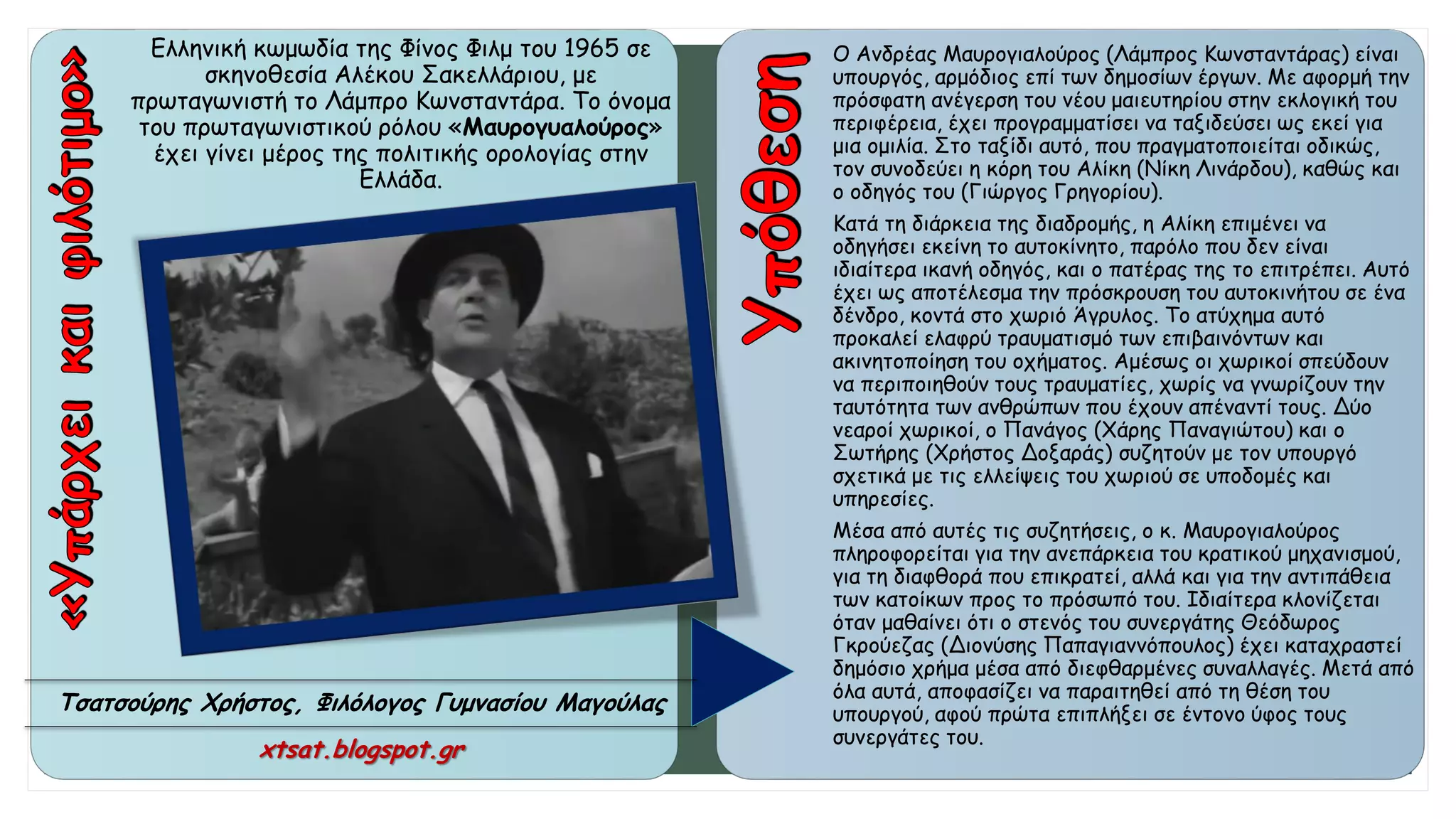 Ελληνική κωμωδία της Φίνος Φιλμ του 1965 σε
σκηνοθεσία Αλέκου Σακελλάριου, με
πρωταγωνιστή το Λάμπρο Κωνσταντάρα. Το όνομα
του πρωταγωνιστικού ρόλου «Μαυρογυαλούρος»
έχει γίνει μέρος της πολιτικής ορολογίας στην
Ελλάδα.
Ο Ανδρέας Μαυρογιαλούρος (Λάμπρος Κωνσταντάρας) είναι
υπουργός, αρμόδιος επί των δημοσίων έργων. Με αφορμή την
πρόσφατη ανέγερση του νέου μαιευτηρίου στην εκλογική του
περιφέρεια, έχει προγραμματίσει να ταξιδεύσει ως εκεί για
μια ομιλία. Στο ταξίδι αυτό, που πραγματοποιείται οδικώς,
τον συνοδεύει η κόρη του Αλίκη (Νίκη Λινάρδου), καθώς και
ο οδηγός του (Γιώργος Γρηγορίου).
Κατά τη διάρκεια της διαδρομής, η Αλίκη επιμένει να
οδηγήσει εκείνη το αυτοκίνητο, παρόλο που δεν είναι
ιδιαίτερα ικανή οδηγός, και ο πατέρας της το επιτρέπει. Αυτό
έχει ως αποτέλεσμα την πρόσκρουση του αυτοκινήτου σε ένα
δένδρο, κοντά στο χωριό Άγρυλος. Το ατύχημα αυτό
προκαλεί ελαφρύ τραυματισμό των επιβαινόντων και
ακινητοποίηση του οχήματος. Αμέσως οι χωρικοί σπεύδουν
να περιποιηθούν τους τραυματίες, χωρίς να γνωρίζουν την
ταυτότητα των ανθρώπων που έχουν απέναντί τους. Δύο
νεαροί χωρικοί, ο Πανάγος (Χάρης Παναγιώτου) και ο
Σωτήρης (Χρήστος Δοξαράς) συζητούν με τον υπουργό
σχετικά με τις ελλείψεις του χωριού σε υποδομές και
υπηρεσίες.
Μέσα από αυτές τις συζητήσεις, ο κ. Μαυρογιαλούρος
πληροφορείται για την ανεπάρκεια του κρατικού μηχανισμού,
για τη διαφθορά που επικρατεί, αλλά και για την αντιπάθεια
των κατοίκων προς το πρόσωπό του. Ιδιαίτερα κλονίζεται
όταν μαθαίνει ότι ο στενός του συνεργάτης Θεόδωρος
Γκρούεζας (Διονύσης Παπαγιαννόπουλος) έχει καταχραστεί
δημόσιο χρήμα μέσα από διεφθαρμένες συναλλαγές. Μετά από
όλα αυτά, αποφασίζει να παραιτηθεί από τη θέση του
υπουργού, αφού πρώτα επιπλήξει σε έντονο ύφος τους
συνεργάτες του.
Τσατσούρης Χρήστος, Φιλόλογος Γυμνασίου Μαγούλας
xtsat.blogspot.gr
 
