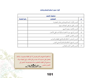 101
‫وآدابه‬ ‫اإلسالم‬ ‫أحكام‬ ‫محور‬ :‫ثانيًا‬
‫المحور‬ ‫محتويات‬
‫الصفحة‬ ‫رقم‬ ‫الموضوع‬ ‫م‬
.)‫امل�صلني‬ ‫ب�شائر‬ ‫(من‬ ‫النبوية‬ ‫ال�سنة‬ :‫أول‬‫ل‬‫ا‬ ‫الدر�س‬ 1
.‫و�سننها‬ ‫ال�صالة‬ ‫فرائ�ض‬ :‫الثاين‬ ‫الدر�س‬ 2
.‫ال�سهو‬ ‫�سجود‬ :‫الثالث‬ ‫الدر�س‬ 3
.‫أخبار‬‫ل‬‫ا‬ ‫تلقي‬ ‫أدب‬� )2( ‫احلجرات‬ ‫�سورة‬ :‫الرابع‬ ‫الدر�س‬ 4
.‫الغ�سل‬ :‫اخلام�س‬ ‫الدر�س‬ 5
.‫وال�رشاب‬ ‫الطعام‬ ‫يف‬ ‫إ�سالم‬‫ل‬‫ا‬ ‫أحكام‬� :‫ال�ساد�س‬ ‫الدر�س‬ 6
.‫اللبا�س‬ ‫يف‬ ‫آدابه‬�‫و‬ ‫إ�سالم‬‫ل‬‫ا‬ ‫أحكام‬� :‫ال�سابع‬ ‫الدر�س‬
.‫املجال�س‬ ‫آداب‬� :‫الثامن‬ ‫الدر�س‬ 7
‫ولذلك‬ ،‫موهوبون‬ ‫الطلبة‬ ‫كل‬ ‫أن‬ ‫يفترض‬ ‫الذي‬ ‫هو‬ ‫الناجح‬ ‫املعلم‬ ‫إن‬
‫سوف‬ ‫النهاية‬ ‫وفي‬ ،‫طالبه‬ ‫قبل‬ ‫من‬ ‫جيد‬ ‫أداء‬ ‫مستوى‬ ‫على‬ ‫يحصل‬
‫إلى‬ ‫الشعور‬ ‫هذا‬ ‫يقودهم‬ ‫وسوف‬ ‫بالتعليم‬ ‫الطلبة‬ ‫كل‬ ‫يستمتع‬
.‫بالنفس‬ ‫االعتزاز‬
 