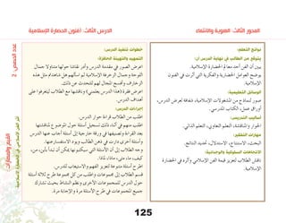 125
‫اإلسالمية‬ ‫الحضارة‬ ‫(فنون‬ :‫الثالث‬ ‫الدرس‬ 	 	 	 	 	 	 	‫واالنتماء‬ ‫الهوية‬ :‫الثالث‬ ‫المحور‬
:‫التعلم‬ ‫نواتج‬
:‫أن‬ ‫الدرس‬ ‫نهاية‬ ‫يف‬ ‫الطالب‬ ‫من‬ ‫يتوقع‬
.‫إ�سالمية‬‫ل‬‫ا‬ ‫احل�ضارة‬ ‫معامل‬ ‫أحد‬� ‫الفن‬ ‫أن‬� ‫يبني‬
‫الفنون‬ ‫يف‬ ‫أثرت‬� ‫التي‬ ‫والفكرية‬ ‫احل�ضارية‬ ‫العوامل‬ ‫يو�ضح‬
.‫إ�سالمية‬‫ل‬‫ا‬
:‫التعليمية‬ ‫الوسائل‬
،‫الدر�س‬ ‫لعر�ض‬ ‫�شفافة‬ ،‫إ�سالمية‬‫ل‬‫ا‬ ‫امل�شغوالت‬ ‫من‬ ‫لنماذج‬ ‫�صور‬
.‫املدر�سي‬ ‫الكتاب‬ ،‫عمل‬ ‫أوراق‬�
:‫التدريس‬ ‫أساليب‬
.‫الذاتي‬ ‫التعلم‬ ،‫التعاوين‬ ‫التعلم‬ ،‫واملناق�شة‬ ‫احلوار‬
:‫التفكري‬ ‫مهارات‬
.‫النتائج‬ ‫حتديد‬ ،‫اال�ستدالل‬ ،‫اال�ستنتاج‬ ،‫البحث‬
:‫والوجدانية‬ ‫السلوكية‬ ‫االتجاهات‬
‫احل�ضارة‬ ‫يف‬ ‫أثره‬�‫و‬ ‫إ�سالمي‬‫ل‬‫ا‬ ‫الفن‬ ‫قيمة‬ ‫لتعزيز‬ ‫الطالب‬ ‫ناق�ش‬
.‫إ�سالمية‬‫ل‬‫ا‬
:‫الدرس‬ ‫تنفيذ‬ ‫خطوات‬
:‫الحافزة‬ ‫والتهيئة‬ ‫التمهيد‬
‫جمال‬ ‫متناوال‬ ‫حولها‬ ‫نقا�شا‬ ‫أدر‬�‫و‬ ‫الدر�س‬ ‫مقدمة‬ ‫يف‬ ‫ال�صور‬ ‫اعر�ض‬
‫هذه‬ ‫مثل‬ ‫�شاهدمت‬ ‫هل‬ ‫ألهم‬�‫س‬�‫ا‬ ‫ثم‬ ‫إ�سالمية‬‫ل‬‫ا‬ ‫الزخرفة‬ ‫وجمال‬ ‫اللوحة‬
.‫ذلك‬ ‫عن‬ ‫للتحدث‬ ‫لهم‬ ‫املجال‬ ‫أف�سح‬�‫و‬ ‫الزخارف‬
‫على‬ ‫ليتعرفوا‬ ‫الطالب‬ ‫مع‬ ‫وناق�شها‬ )‫يعلمني‬ ‫الدر�س‬ ‫(هذا‬ ‫فقرة‬ ‫اعر�ض‬
.‫الدر�س‬ ‫أهداف‬�
:‫الدرس‬ ‫إجراءات‬
.‫الدر�س‬ ‫حوار‬ ‫قراءة‬ ‫الطالب‬ ‫من‬ ‫اطلب‬
‫ملناق�شتها‬ ‫املو�ضوع‬ ‫حول‬ ‫أ�سئلة‬� ‫ت�سجيل‬ ‫ذلك‬ ‫أثناء‬� ‫يف‬ ‫منهم‬ ‫اطلب‬
‫الدر�س‬ ‫عنها‬ ‫أجاب‬� ‫أ�سئلة‬� ‫إىل‬� ‫خارجية‬ ‫ورقة‬ ‫يف‬ ‫وت�صنيفها‬ ‫القراءة‬ ‫بعد‬
.‫اال�ستف�سارعنها‬ ‫ويود‬ ‫الطالب‬ ‫ذهن‬ ‫يف‬ ‫دارت‬ ‫أخرى‬� ‫أ�سئلة‬�‫و‬
،‫من‬ ،‫أين‬�‫ب‬ ‫أ‬�‫تبد‬ ‫أن‬� ‫ميكن‬ ‫�سيكتبونها‬ ‫التي‬ ‫أ�سئلة‬‫ل‬‫ا‬ ‫أن‬� ‫إىل‬� ‫الطالب‬ ‫وجه‬
.‫ملاذا‬ ،‫ماذا‬ ،‫متى‬ ،‫ما‬ ،‫كيف‬
.‫للدر�س‬ ‫واال�ستيعاب‬ ‫الفهم‬ ‫لتعزيز‬ ‫متنوعة‬ ‫أ�سئلة‬� ‫اطرح‬
‫أ�سئلة‬� ‫ثالثة‬ ‫طرح‬ ‫جمموعة‬ ‫كل‬ ‫من‬ ‫واطلب‬ ‫جمموعات‬ ‫إىل‬� ‫الطالب‬ ‫ق�سم‬
‫ت�شارك‬ ‫بحيث‬ ‫الن�شاط‬ ‫ونظم‬ ‫أخرى‬‫ل‬‫ا‬ ‫للمجموعات‬ ‫الدر�س‬ ‫حول‬
.‫مرة‬ ‫إجابة‬‫ل‬‫وا‬ ‫مرة‬ ‫أ�سئلة‬‫ل‬‫ا‬ ‫طرح‬ ‫يف‬ ‫املجموعات‬ ‫جميع‬
2:‫الحصص‬‫عدد‬
:‫والمهارات‬‫القيم‬
.‫اإلسالمية‬‫الحضارة‬‫يف‬‫اإلسالمي‬‫الفن‬‫أثر‬
 