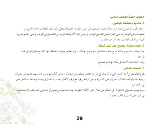 39
:‫الذهني‬ ‫العصف‬ ‫جلسة‬ ‫خطوات‬
:‫املوضوع‬ ‫ومناقشة‬ ‫تحديد‬ .1
‫من‬ ‫أدنى‬‫ل‬‫ا‬ ‫احلد‬ )‫(الطالب‬ ‫امل�شاركني‬ ‫يعطي‬ ‫أن‬� )‫(املعلم‬ ‫اجلل�سة‬ ‫رئي�س‬ ‫على‬ ‫ويجب‬ , ‫معينة‬ ‫م�شكلة‬ ‫عن‬ ‫عبارة‬ ‫املو�ضوع‬ ‫يكون‬ ‫وعادة‬
‫وب�صورة‬ ‫احلد‬ ‫يعني‬ ‫املو�ضوع‬ ‫يف‬ ‫التفا�صيل‬ ‫من‬ ‫املزيد‬ ‫إعطاء‬� ‫أن‬‫ل‬ ‫كلها؛‬ ‫ولي�س‬ ‫املو�ضوع‬ ‫تفا�صيل‬ ‫ببع�ض‬ ‫يلموا‬ ‫حتى‬ ,‫املو�ضوع‬ ‫عن‬ ‫املعلومات‬
.‫مطلوب‬ ‫غري‬ ‫أمر‬� ‫وهو‬ ,‫الطالب‬ ‫تفكري‬ ‫من‬ ‫كبرية‬
:‫أسئلة‬ ‫شكل‬ ‫على‬ ‫املوضوع‬ ‫صياغة‬ ‫إعادة‬ .2
‫هذه‬ ‫يف‬ ‫لها‬ ‫حلول‬ ‫اقرتاح‬ ‫دون‬ ,‫املختلفة‬ ‫وجوانبه‬ ‫أبعاده‬� ‫عن‬ ‫وتك�شف‬ ,‫باملو�ضوع‬ ‫تتعلق‬ ‫أ�سئلة‬� ‫عدة‬ ‫طرح‬ ‫طالبه‬ ‫من‬ ‫املعلم‬ ‫يطلب‬ ‫حيث‬
.‫املرحلة‬
.‫للجميع‬ ‫وا�ضح‬ ‫مكان‬ ‫يف‬ ‫أ�سئلة‬‫ل‬‫ا‬ ‫هذه‬ ‫كتابة‬ ‫وجتب‬
:‫الذهني‬ ‫العصف‬ .3
,‫مقبولة‬ ‫غري‬ ‫كانت‬ ‫مهما‬ ‫تامة‬ ‫بحرية‬ ‫أفكارهم‬� ‫عر�ض‬ ‫امل�شاركني‬ ‫من‬ ‫ويطلب‬ ,‫الثانية‬ ‫املرحلة‬ ‫يف‬ ‫حتديدها‬ ‫مت‬ ‫التي‬ ‫أ�سئلة‬‫ل‬‫ا‬ ‫أحد‬� ‫بطرح‬ ‫املعلم‬ ‫يقوم‬
‫تعلق‬ ‫ت�ستكمل‬ ‫وعندما‬ ,‫ورودها‬ ‫ت�سل�سل‬ ‫ح�سب‬ ‫أفكار‬‫ل‬‫ا‬ ‫ترقيم‬ ‫مع‬ ,‫ورقية‬ ‫لوحة‬ ‫على‬ ‫أو‬� ‫ال�سبورة‬ ‫على‬ ‫بتدوينها‬ ‫الطالب‬ ‫أحد‬� ‫أو‬� ‫املعلم‬ ‫ويقوم‬
.‫بارز‬ ‫مكان‬ ‫يف‬
‫منها‬ ‫واال�ستفادة‬ ,‫ال�صياغة‬ ‫يف‬ ‫إعادة‬� ‫أو‬� ‫تعديل‬ ‫من‬ ‫ت�ستدعيه‬ ‫وما‬ ,‫املقرتحة‬ ‫أفكار‬‫ل‬‫ا‬ ‫أمل‬�‫ت‬ ‫خالل‬ ‫من‬ ‫التفكري‬ ‫يف‬ ‫اال�ستغراق‬ ‫إىل‬� ‫املعلم‬ ‫يدعوهم‬ ‫ثم‬
.‫جديدة‬ ‫أفكار‬� ‫توليد‬ ‫أو‬� ‫عليها‬ ‫البناء‬ ‫يف‬
 