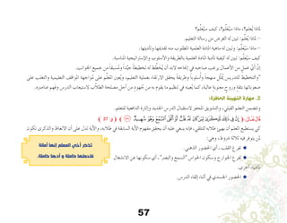 57
‫م؟‬ِّ‫ل‬َ‫ع‬ُ‫�سي‬ ‫كيف‬ ،‫م؟‬ِّ‫ل‬َ‫ع‬ُ‫�سي‬ ‫ماذا‬ ،‫علم؟‬ُ‫ي‬ ‫ملاذا‬
.‫التعليم‬ ‫ر�سالة‬ ‫من‬ ‫الغر�ض‬ ‫له‬ ‫تبني‬ :‫م‬ِّ‫ل‬َ‫ع‬ُ‫ي‬ ‫ملاذا‬ -
.‫أديتها‬�‫وت‬ ‫تقدميها‬ ‫منه‬ ‫املطلوب‬ ‫العلمية‬ ‫املادة‬ ‫ماهية‬ ‫له‬ ‫وتبني‬ :‫م‬ِّ‫ل‬َ‫ع‬ُ‫ي‬ َ‫�س‬ ‫ماذا‬ -
.‫املنا�سبة‬ ‫إ�سرتاتيجية‬‫ل‬‫وا‬ ‫أ�سلوب‬‫ل‬‫وا‬ ‫بالطريقة‬ ‫العلمية‬ ‫املادة‬ ‫أدية‬�‫ت‬ ‫كيفية‬ ‫له‬ ‫تبني‬ :‫م‬ِّ‫ل‬َ‫ع‬ُ‫ي‬ َ‫�س‬ ‫كيف‬
.‫اجلوانب‬ ‫جميع‬ ‫من‬ ً‫ا‬‫�سبق‬ُ‫م‬‫و‬ ً‫ا‬‫د‬ِّ‫جي‬ ً‫ا‬‫تخطيط‬ ‫له‬ ‫ط‬ِّ‫ط‬ َ‫خ‬ُ‫ي‬ ‫أن‬� ‫البد‬ ‫إجناحه‬� ‫يف‬ ‫�صاحبه‬ ‫يرغب‬ ‫أعمال‬‫ل‬‫ا‬ ‫من‬ ٍ‫عمل‬ َّ‫ي‬َ‫أ‬� َّ‫إن‬�
‫على‬ ‫والتغلب‬ ‫التعليمية‬ ‫املواقف‬ ‫واجهة‬ُ‫م‬ ‫على‬ ‫م‬ِّ‫ل‬‫املع‬ ‫عني‬ُ‫ي‬‫و‬ ،‫التعليم‬ ‫بعملية‬ ‫االرتقاء‬ ‫يحقق‬ ً‫ة‬‫وطريق‬ ً‫ا‬‫�سلوب‬ُ‫أ‬�‫و‬ ً‫ا‬‫منهج‬ ‫ل‬ِّ‫ث‬ُ‫يم‬ ‫للتدري�س‬ ‫والتخطيط‬
.‫عنا�رصه‬ ‫َهم‬‫ف‬‫و‬ ‫الدر�س‬ ‫ال�ستيعاب‬ ‫ب‬َّ‫ال‬‫الط‬ ‫م�صلحة‬ ‫أجل‬� ‫من‬ ٍ‫هود‬ ُ‫ج‬ ‫من‬ ‫به‬ ‫يقوم‬ ‫ما‬ ‫تنظيم‬ ‫يف‬ ‫عينه‬ُ‫ي‬ ‫كما‬ ،‫عالية‬ ٍ‫ة‬‫معنوي‬ ٍ‫وروح‬ ٍ‫ة‬‫بثق‬ ‫�صعوباتها‬
:‫الحافزة‬ ‫التهيئة‬ ‫مهارة‬ .2
.‫للتعلم‬ ‫الدافعية‬ ‫إثارة‬�‫و‬ ‫اجلديد‬ ‫الدر�س‬ ‫ال�ستقبال‬ ‫املحفز‬ ‫والت�شويق‬ ،‫القبلي‬ ‫التعلم‬ ‫وتت�ضمن‬
‫ﱪ‬ 37 :‫ﱫق‬ ‫ﱪ‬‫ﭮ‬‫ﭭ‬‫ﭬ‬‫ﭫ‬‫ﭪ‬‫ﭩ‬‫ﭨ‬‫ﭧ‬‫ﭦ‬‫ﭥ‬‫ﭤ‬‫ﭣ‬‫ﭢ‬‫ﭡ‬‫ﱫ‬‫ﭨ‬‫ﭧ‬
‫تكون‬ ‫والذكرى‬ ‫االتعاظ‬ ‫أن‬� ‫على‬ ‫تدل‬ ‫آية‬‫ل‬‫وا‬ ،‫طالبه‬ ‫يف‬ ‫ال�سابقة‬ ‫آية‬‫ل‬‫ا‬ ‫مفهوم‬ ‫يحقق‬ ‫أن‬� ‫عليه‬ ‫ينبغي‬ ‫إنه‬�‫ف‬ ،‫للتلقي‬ ‫طالبه‬ ‫يهيئ‬ ‫أن‬� ‫املعلم‬ ‫ي�ستطيع‬ ‫كي‬
:‫وهي‬ ،‫�رشوط‬ ‫ثالثة‬ ‫فيه‬ ‫يتوفر‬ ‫ملن‬
.‫الذهني‬ ‫احل�ضور‬ ‫أي‬� ‫ـ‬ ‫القلب‬ ‫تفرغ‬ u 	
‫االن�شغال‬ ‫عن‬ ‫�سكونها‬ ‫أي‬� ‫ـ‬ ‫والب�رص‬ ‫ال�سمع‬ ‫احلوا�س‬ ‫و�سكون‬ ‫اجلوارح‬ ‫تفرغ‬ u 	
.‫أخرى‬� ‫أ�شياء‬�‫ب‬
.‫الدر�س‬ ‫إلقاء‬� ‫أثناء‬� ‫يف‬ ‫اجل�سدي‬ ‫احل�ضور‬ u 	
‫أمانة‬ ‫إنها‬ ‫المعلم‬ ‫أخي‬ ‫تذكر‬
.‫كاملة‬ ‫أدها‬ ‫و‬ ‫كاملة‬ ‫فاحملها‬
 