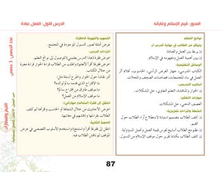 87
‫عبادة‬ ‫العمل‬ :‫االول‬ ‫الدرس‬ 	 	 	 	 	 	 	 	 	‫وغاياته‬ ‫اإلسالم‬ ‫قيم‬ :‫المحور‬
‫التعلم‬ ‫نواتج‬
‫أن‬ ‫الدرس‬ ‫نهاية‬ ‫يف‬ ‫الطالب‬ ‫من‬ ‫يتوقع‬
.‫والعبادة‬ ‫العمل‬ ‫بني‬ ‫يربط‬ q
.‫إ�سالم‬‫ل‬‫ا‬ ‫يف‬ ‫ومفهومه‬ ‫العمل‬ ‫أهمية‬� ‫يبني‬ q
:‫التعليمية‬ ‫الوسائل‬
‫أثر‬� ‫أفالم‬� ،‫احلا�سوب‬ ،‫أ�سي‬�‫الر‬ ‫العر�ض‬ ‫جهاز‬ ،‫املدر�سي‬ ‫الكتاب‬
.‫واملجالت‬ ‫ال�صحف‬ ‫ق�صا�صات‬ ،‫املجتمعات‬ ‫بناء‬ ‫يف‬ ‫العمل‬
:‫التدربس‬ ‫أساليب‬
.‫امل�شكالت‬ ‫حل‬ ،‫التعاوين‬ ‫التعلم‬ ،‫واملناق�شة‬ ‫احلوار‬ q
:‫التفكري‬ ‫مهارات‬
‫امل�شكالت‬ ‫حل‬ ،‫الذهني‬ ‫الع�صف‬
:‫تعزيزية‬ ‫وإثراءات‬ ‫أنشطة‬
‫حول‬ ‫الطالب‬ ‫آراء‬� ‫ال�ستطالع‬ ‫ا�ستبانة‬ ‫بت�صميم‬ ‫الطالب‬ ‫كلف‬q
.‫القبم‬
.‫ؤولية‬�‫س‬�‫امل‬ ‫وحتمل‬ ‫العمل‬ ‫قيمة‬ ‫لغر�س‬ ‫أ�سابيع‬� ‫الطالب‬ ‫مع‬ ‫نظم‬q
.‫الت�سول‬ ‫من‬ ‫إ�سالم‬‫ل‬‫ا‬ ‫موقف‬ ‫حول‬ ‫تقرير‬ ‫بكتابة‬ ‫الطالب‬ ‫كلف‬q
:‫الحافزة‬ ‫والتهيئة‬ ‫التمهيد‬
.‫املجتمع‬ ‫يف‬ ‫املوجودة‬ ‫الت�سول‬ ‫ل�صور‬ ‫أمثلة‬� ‫عر�ض‬
:‫الدرس‬ ‫إجراءات‬
.‫التعلم‬ ‫نواجت‬ ‫إىل‬� ‫للو�صول‬ )‫يعلمني‬ ‫الدر�س‬ ‫)هذا‬ ‫فقرة‬ ‫اعر�ض‬
‫معربة‬ ‫قراءة‬ ‫احلوار‬ ‫قراءة‬ ‫الطالب‬ ‫من‬ ‫واطلب‬ )‫أتعلم‬‫ل‬ ‫أ‬�‫أقر‬� )‫فقرة‬ ‫اعر�ض‬
.‫الكتاب‬ ‫خالل‬ ‫من‬
:‫مثل‬ ‫أ�سئلة‬� ‫واطرح‬ ‫احلوار‬ ‫حول‬ً ‫نقا�شا‬ ‫أدر‬�
‫لوالده؟‬ ‫�سامل‬ ‫قدمه‬ ‫الذي‬ ‫االقرتاح‬ ‫ما‬ 	
‫�سامل؟‬ ‫اقرتاح‬ ‫من‬ ‫طارق‬ ‫موقف‬ ‫ما‬ 	
‫العمل؟‬ ‫من‬ ‫إ�سالم‬‫ل‬‫ا‬ ‫موقف‬ ‫ما‬ 	
:)‫مهاراتي‬ ‫)أستخدم‬ ‫فقرة‬ ‫إىل‬ ‫انتقل‬
‫كلف‬ ‫ثم‬ ‫أها‬�‫واقر‬ ‫احلا�سب‬ ‫أو‬� ‫ال�شفافة‬ ‫خالل‬ ‫من‬ ‫أحاديث‬‫ل‬‫ا‬ ‫اعر�ض‬
.‫معانيها‬ ‫يف‬ ‫وناق�شهم‬ ‫بقراءتها‬ ‫الطالب‬
:‫الثانية‬ ‫الحصة‬
‫عر�ض‬ ‫يف‬ ‫الق�ص�صي‬ ‫أ�سلوب‬‫ل‬‫ا‬ ‫وا�ستخدم‬ )‫وا�ستنتج‬ ‫أ‬�‫أقر‬� )‫فقرة‬ ‫إىل‬� ‫انتقل‬
.‫فيه‬ ‫الطالب‬ ‫ناق�ش‬ ‫ثم‬ ‫املوقف‬
‫حصص‬3:‫الحصص‬‫عدد‬
:‫والمهارات‬‫القيم‬
.‫املسؤولية‬‫تحمل‬،‫االتقان‬،‫العمل‬‫حب‬
 
