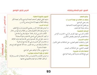 93
‫التواضع‬ :‫الرابع‬ ‫الدرس‬ 	 	 	 	 	 	 	 	 	‫وغاياته‬ ‫اإلسالم‬ ‫قيم‬ :‫المحور‬
:‫التعلم‬ ‫نواتج‬
:‫أن‬ ‫الدرس‬ ‫نهاية‬ ‫يف‬ ‫الطالب‬ ‫من‬ ‫يتوقع‬
.‫التوا�ضع‬ ‫معنى‬ ‫يف�رس‬
.‫االجتماعية‬ ‫أهميته‬�‫و‬ ‫التوا�ضع‬ ‫ف�ضل‬ ‫يبني‬
.‫املتوا�ضعني‬ ‫�سلوك‬ ‫ي�سلك‬
:‫التعليمية‬ ‫الوسائل‬
‫أقرا�ص‬� ،‫احلا�سوب‬ ،‫أ�سي‬�‫الر‬ ‫العر�ض‬ ‫جهاز‬ ،‫املدر�سي‬ ‫الكتاب‬
.‫املتكربين‬ ‫وق�ص�ص‬ ‫املتوا�ضعني‬ ‫لق�ص�ص‬ ‫مدجمة‬
:‫التدريس‬ ‫أساليب‬
.‫أدوار‬‫ل‬‫ا‬ ‫متثيل‬ ،‫امل�شكالت‬ ‫حل‬ ،‫التعاوين‬ ‫التعلم‬ ،‫واملناق�شة‬ ‫احلوار‬
:‫التفكري‬ ‫مهارات‬
.‫البحث‬ ،‫امل�شكالت‬ ‫حل‬ ،‫الذهني‬ ‫الع�صف‬
:‫تعزيزية‬ ‫وإثراءات‬ ‫أنشطة‬
.‫التوا�ضع‬ ‫قيمة‬ ‫لغر�س‬ ً‫ا‬‫م�رشوع‬ ‫طالبك‬ ‫مع‬ ‫تبنى‬
:‫الحافزة‬ ‫والتهيئة‬ ‫التمهيد‬
‫الكرب‬ ‫ل�صفة‬ ‫آخر‬‫ل‬‫وا‬ ‫التوا�ضع‬ ‫ل�صفة‬ ‫أحدهما‬� ‫ملوقفني‬ ‫منثيلي‬ ‫م�شهد‬
.‫الدر�س‬ ‫مو�ضوع‬ ‫ال�ستنتاج‬ ‫فيهما‬ ‫الطالب‬ ‫ومناق�شة‬
:‫الدرس‬ ‫إجراءات‬
.‫التعلم‬ ‫نواجت‬ ‫إىل‬� ‫للو�صول‬ )‫يعلمني‬ ‫الدر�س‬ ‫(هذا‬ ‫فقرة‬ ‫اعر�ض‬ q
‫خالل‬ ‫من‬ ‫قراءتها‬ ‫الطالب‬ ‫من‬ ‫واطلب‬ )‫أتعلم‬‫ل‬ ‫أ‬�‫أقر‬�( ‫فقرة‬ ‫اعر�ض‬q
:‫مثل‬ ‫أ�سئلة‬� ‫واطرح‬ ‫حولها‬ ً‫ا‬‫نقا�ش‬ ‫أدر‬� ‫ثم‬ ‫املدر�سي‬ ‫الكتاب‬
‫أ�صحابه؟‬� )‫و�سلم‬ ‫عليه‬ ‫اهلل‬ ‫(�صلى‬ ‫النبي‬ ‫يعامل‬ ‫كان‬ ‫كيف‬ q
.‫اخلالفة‬ ‫توليه‬ ‫بعد‬ )‫عنه‬ ‫اهلل‬ ‫(ر�ضي‬ ‫ال�صديق‬ ‫بكر‬ ‫أبي‬� ‫خلق‬ ‫�صف‬ q
‫امل�ساكني؟‬ ‫مع‬ )‫عنه‬ ‫اهلل‬ ‫(ر�ضي‬ ‫احل�سني‬ ‫أكل‬� ‫يدل‬ ‫عالم‬ q
‫وهو‬ ‫امل�صباح‬ ‫لت�صليح‬ ‫اهلل‬ ‫رحمه‬ ‫العزيز‬ ‫عبد‬ ‫بن‬ ‫عمر‬ ‫قيام‬ ‫يدل‬ ‫عالم‬q
‫امل�سلمني؟‬ ‫خليفة‬
.‫التوا�ضع‬ ‫معنى‬ ‫املواقف‬ ‫خالل‬ ‫من‬ ‫ا�ستنتج‬ q
:)‫مهاراتي‬ ‫(أستخدم‬ ‫فقرة‬ ‫إىل‬ ‫انتقل‬
‫أها‬�‫واقر‬ ‫احلا�سب‬ ‫أو‬� ‫ال�شفافة‬ ‫خالل‬ ‫من‬ ‫أحاديث‬‫ل‬‫ا‬ ‫و‬ ‫آيات‬‫ل‬‫ا‬ ‫اعر�ض‬q
.‫معانيها‬ ‫يف‬ ‫وناق�شهم‬ ‫بقراءتها‬ ‫الطالب‬ ‫كلف‬ ‫ثم‬
‫حصص‬3:‫الحصص‬‫   عدد‬
:‫والمهارات‬‫القيم‬
‫اآلخرين‬‫مع‬‫التعامل‬‫العزة‬‫التواضع‬
 
