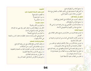 94
.‫للتوا�ضع‬ ‫الواقع‬ ‫من‬ ‫أمثلة‬� ‫ا�ستنتج‬ q
‫ن�شاط‬ ‫مع‬ ‫بالتعامل‬ ‫الطالب‬ ‫وكلف‬ ‫مهاراتي‬ ‫أ�ستخدم‬� ‫فقرة‬ ‫أكمل‬�q
.‫الذاتي‬ ‫التعلم‬ ‫أ�سلوب‬� ‫خالل‬ ‫من‬ ‫أتخيل‬�
:‫أفكر‬ ‫نشاط‬ ‫إىل‬ ‫انتقل‬
.‫الفقرة‬ ‫مع‬ ‫التعامل‬ ‫يف‬ ‫امل�شكالت‬ ‫حل‬ ‫أ�سلوب‬� ‫وظف‬ q
.‫للكرب‬ ‫الواقع‬ ‫من‬ ‫أمثلة‬� ‫ا�ستنتج‬ q
‫اهلل‬ ‫(ر�ضي‬ ‫عمر‬ ‫ق�صة‬ ‫عر�ض‬ ‫يف‬ ‫الق�ص�صي‬ ‫أ�سلوب‬‫ل‬‫ا‬ ‫ا�ستخدم‬q
.‫أ�سئلة‬‫ل‬‫ا‬ ‫يف‬ ‫ناق�شهم‬ ‫ثم‬ ‫أيهم‬‫ل‬‫ا‬ ‫بن‬ ‫جبلة‬ ‫مع‬ )‫عنه‬
:‫الثالثة‬ ‫الحصة‬
‫يف‬ ‫الطالب‬ ‫وناق�ش‬ ‫مدمج‬ ‫قر�ص‬ ‫خالل‬ ‫من‬ ‫قارون‬ ‫ق�صة‬ ‫اعر�ض‬q
.‫العر�ض‬
‫ثم‬ ‫واتلوها‬ ‫قارون‬ ‫كرب‬ ‫عن‬ ‫حتدثت‬ ‫التي‬ ‫الكرمية‬ ‫آيات‬‫ل‬‫ا‬ ‫اعر�ض‬q
.‫بتالوتها‬ ً‫ا‬‫طالب‬ ‫كلف‬
‫من‬ ‫اطلب‬ ‫ثم‬ ‫واملواقف‬ ‫أمثلة‬‫ل‬‫ا‬ ‫خالل‬ ‫من‬ ‫أقارن‬� ‫ن�شاط‬ ‫اعر�ض‬q
.‫املجموعات‬ ‫خالل‬ ‫مع‬ ‫أ�سئلة‬‫ل‬‫ا‬ ‫عن‬ ‫إجابة‬‫ل‬‫ا‬ ‫الطالب‬
.‫التوا�ضع‬ ‫قيمة‬ ‫غر�س‬ ‫يف‬ ‫ووظفها‬ )‫أذنك‬� ‫يف‬ ‫(هم�سة‬ ‫فقرة‬ ‫اعر�ض‬q
‫وقراءة‬ ‫تنفيذها‬ ‫إىل‬� ‫الطالب‬ ‫ووجه‬ ‫الطالب‬ ‫أن�شطة‬� ‫إىل‬� ‫انتقل‬q
.‫منه‬ ‫والهدف‬ ‫الن�شاط‬ ‫عنوان‬
.ً‫ا‬‫كتابي‬ ‫أن�شطة‬‫ل‬‫ا‬ ‫تنفيذ‬ ‫الطالب‬ ‫من‬ ‫اطلب‬ q
:‫التقويم‬
:‫مثل‬ ‫الشفوية‬ ‫األسئلة‬ ‫بعض‬ ‫اطرح‬
‫بالتوا�ضع؟‬ ‫املق�صود‬ ‫ما‬
‫املتوا�ضعني؟‬ ‫جزاء‬ ‫ما‬
‫املتكربين؟‬ ‫جزاء‬ ‫ما‬
:‫مقرتحة‬ ‫إجابات‬
‫والعزة؟‬ ‫الكرب‬ ‫بني‬ ‫الفرق‬ ‫ما‬
‫إ�سالم‬‫ل‬‫ا‬ ‫عنه‬ ‫نهى‬ ‫وقد‬ ،‫الغري‬ ‫واحتقار‬ ‫النف�س‬ ‫ا�ستعظام‬ ‫هو‬ ‫الكرب‬
.‫الدنايا‬ ‫عن‬ ‫والرتفع‬ ‫إباء‬‫ل‬‫ا‬ ‫هي‬ ‫والعزة‬
‫وال�ضعة؟‬ ‫التوا�ضع‬ ‫بني‬ ‫الفرق‬ ‫ما‬
‫وال�ضعة‬ ،‫النا�س‬ ‫واحتقار‬ ‫العظمة‬ ‫ا�ست�شعار‬ ‫وعدم‬ ‫اللني‬ ‫يعني‬ ‫التوا�ضع‬
.‫والهوان‬ ‫املذلة‬ ‫هي‬
:‫للمعلم‬ ‫وإرشادات‬ ‫نصائح‬
.‫التوا�ضع‬ ‫قيمة‬ ‫غر�س‬ ‫يف‬ ‫الطالب‬ ‫واقع‬ ‫من‬ ‫أمثلة‬� ‫وظف‬ q
.‫امل�شكالت‬ ‫حل‬ ‫أ�سلوب‬� ‫على‬ ‫طالبك‬ ‫ب‬ّ‫در‬ q
.‫والتطبيقية‬ ‫العملية‬ ‫واجلوانب‬ ‫النظرية‬ ‫اجلوانب‬ ‫بني‬ ‫ال�صلة‬ ‫ق‬ّ‫ث‬‫و‬q
.‫التعليمية‬ ‫أن�شطة‬‫ل‬‫وا‬ ‫أ�ساليب‬‫ل‬‫ا‬ ‫يف‬ ‫نوع‬ q
.‫لطالبك‬ ‫قدوة‬ ‫نف�سك‬ ‫من‬ ‫اجعل‬ q
.‫الدر�سية‬ ‫احل�صة‬ ‫قبل‬ ‫املدجمة‬ ‫أقرا�ص‬‫ل‬‫ا‬ ‫بتجربة‬ ‫قم‬ q
 
