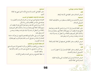 98
:‫مهاراتي‬ ‫أستخدم‬ ‫أنشطة‬
:‫فكر‬
.‫املرفقة‬ ‫أ�سئلة‬‫ل‬‫ا‬ ‫يف‬ ‫الطلبة‬ ‫وحاور‬ ‫الن�شاط‬ ‫اعر�ض‬
:‫استنبط‬
‫كفالة‬ ‫قيمة‬ ‫خاللها‬ ‫من‬ ‫ي�ستنبطون‬ ‫الطلبة‬ ‫ودع‬ ‫أحاديث‬‫ل‬‫ا‬ ‫اعر�ض‬
.‫إ�سالم‬‫ل‬‫ا‬ ‫يف‬ ‫اليتيم‬
:‫اكتشف‬
‫بعثه‬ )‫و�سلم‬ ‫عليه‬ ‫اهلل‬ ‫(�صلى‬ ‫الر�سول‬ ‫أن‬� ‫إىل‬� ‫للو�صول‬ ‫الطلبة‬ ‫حاور‬
،ً‫ا‬‫ومر�شد‬ ً‫ا‬‫ومعلم‬ ‫لهم‬ ‫كافال‬ ‫فكان‬ ‫دينهم‬ ‫أمر‬� ‫يعقلون‬ ‫ال‬ ‫قوم‬ ‫يف‬ ‫اهلل‬
،‫دنياه‬ ‫وال‬ ‫دينه‬ ‫أمر‬� ‫يعقل‬ ‫ال‬ ‫من‬ ‫بكفالة‬ ‫يقوم‬ ‫اليتيم‬ ‫كافل‬ ‫وكذلك‬
.‫عليه‬ ‫وينفق‬ ‫أدبه‬� ‫ويح�سن‬ ،‫ويعلمه‬ ،‫فري�شده‬
:‫صنف‬
‫وكفالة‬ ‫كلية‬ ‫كفالة‬ ‫إىل‬� ‫ت�صنيفها‬ ‫يف‬ ‫الطلبة‬ ‫وحاور‬ ‫املواقف‬ ‫اعر�ض‬
.‫جزئية‬
:‫فكر‬
‫الن�سب‬ ‫جمهول‬ ‫أن‬� ‫إىل‬� ‫للو�صول‬ ‫الطلبة‬ ‫وحاور‬ ‫املوقف‬ ‫اعر�ض‬
.‫واالهتمام‬ ‫الرعاية‬ ‫يف‬ ‫كاليتيم‬
:‫نتعاون‬ ‫معا‬
‫الطلبة‬ ‫يبتكرها‬ ‫التي‬ ‫الفعاليات‬ ‫إىل‬� ‫للو�صول‬ ‫الن�شاط‬ ‫اعر�ض‬
.‫أيتام‬‫ل‬‫ا‬ ‫كفالة‬ ‫يف‬ ‫للم�شاركة‬
:‫استنتج‬
‫كفالة‬ ‫فيه‬ ‫تنتهي‬ ‫الذي‬ ‫أمد‬‫ل‬‫ا‬ ‫ال�ستنتاج‬ ‫احلديث‬ ‫يف‬ ‫الطلبة‬ ‫حاور‬
.‫اليتيم‬
:‫الدرس‬ ‫يف‬ ‫املطلوبة‬ ‫لإلجابات‬ ‫مقرتحات‬
‫وما‬ ،‫والتعليم‬ ‫والتوجيه‬ ‫الرتبية‬ ‫من‬ ‫دينه‬ ‫يف‬ ‫اليتيم‬ ‫ي�صلح‬ ‫مبا‬ ‫القيام‬
.‫وامل�سكن‬ ‫وامللب�س‬ ‫الطعام‬ ‫من‬ ‫دنياه‬ ‫يف‬ ‫ي�صلحه‬
‫أمر‬� ‫يعقلون‬ ‫ال‬ ‫قوم‬ ‫يف‬ ‫اهلل‬ ‫بعثه‬ )‫و�سلم‬ ‫عليه‬ ‫اهلل‬ ‫(�صلى‬ ‫الر�سول‬ ‫أن‬‫ل‬
‫يقوم‬ ‫اليتيم‬ ‫كافل‬ ‫وكذلك‬ ،ً‫ا‬‫ومر�شد‬ ً‫ا‬‫ومعلم‬ ‫لهم‬ ‫كافال‬ ‫فكان‬ ‫دينهم‬
‫ويح�سن‬ ،‫ويعلمه‬ ،‫فري�شده‬ ،‫دنياه‬ ‫وال‬ ‫دينه‬ ‫أمر‬� ‫يعقل‬ ‫ال‬ ‫من‬ ‫بكفالة‬
.‫عليه‬ ‫وينفق‬ ‫أدبه‬�
‫حاجة‬ ‫أ�شد‬� ‫هم‬ ‫بل‬ ،‫والديهم‬ ‫لفقدهم‬ ‫اليتيم‬ ‫حكم‬ ‫يف‬ ‫الن�سب‬ ‫جمهولو‬
‫أون‬�‫يلج‬ ‫لهم‬ ‫قريب‬ ‫معرفة‬ ‫لعدم‬ ‫الن�سب‬ ‫معرويف‬ ‫من‬ ‫والرعاية‬ ‫للعناية‬
.‫ال�رضوره‬ ‫عند‬ ‫إليه‬�
:‫املجتمع‬ ‫يف‬ ‫األيتام‬ ‫كفالة‬ ‫آثار‬
‫والت�سامح‬ ‫الرتاحم‬ ‫املجتمع‬ ‫أفراد‬� ‫بني‬ ‫والتكافل‬ ‫التعاون‬ ‫روح‬ ‫إيجاد‬�q
‫والكراهية‬ ‫احلقد‬ ‫من‬ ‫خال‬ ‫�سليم‬ ‫جمتمع‬ ‫بناء‬ ‫يف‬ ‫ت�ساهم‬ ‫النا�س‬ ‫بني‬
.‫النف�سية‬ ‫والعقد‬
.‫أفراده‬‫ل‬ ‫وال�ضياع‬ ‫الف�ساد‬ ‫دواعي‬ ‫من‬ ‫املجتمع‬ ‫حفظ‬ q
 