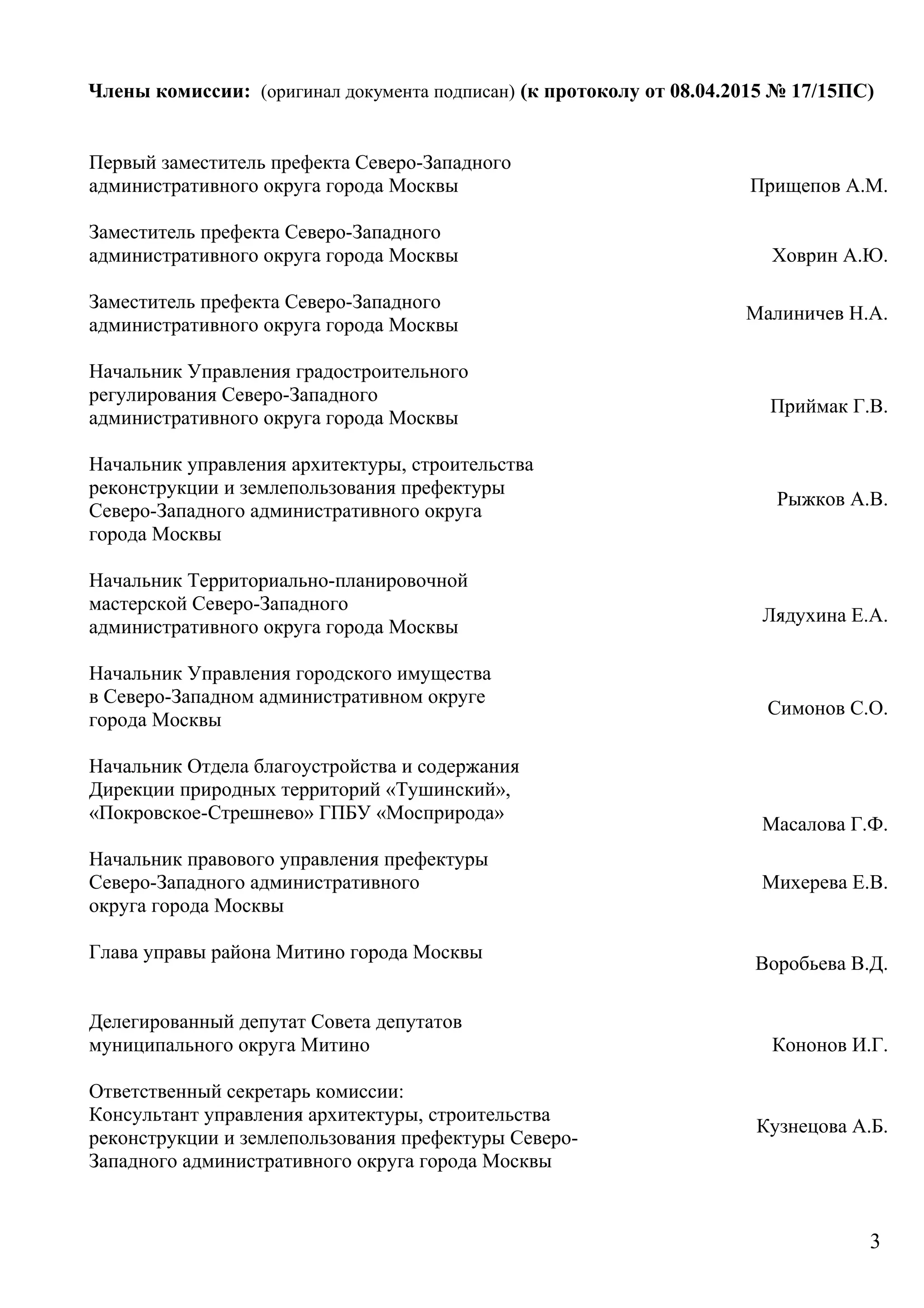 Члены комиссии: (оригинал документа подписан) (к протоколу от 08.04.2015 № 17/15ПС)
Первый заместитель префекта Северо-Западного
административного округа города Москвы Прищепов А.М.
Заместитель префекта Северо-Западного
административного округа города Москвы Ховрин А.Ю.
Заместитель префекта Северо-Западного
административного округа города Москвы
Малиничев Н.А.
Начальник Управления градостроительного
регулирования Северо-Западного
административного округа города Москвы
Приймак Г.В.
Начальник управления архитектуры, строительства
реконструкции и землепользования префектуры
Северо-Западного административного округа
города Москвы
Рыжков А.В.
Начальник Территориально-планировочной
мастерской Северо-Западного
административного округа города Москвы
Лядухина Е.А.
Начальник Управления городского имущества
в Северо-Западном административном округе
города Москвы
Симонов С.О.
Начальник Отдела благоустройства и содержания
Дирекции природных территорий «Тушинский»,
«Покровское-Стрешнево» ГПБУ «Мосприрода»
Масалова Г.Ф.
Начальник правового управления префектуры
Северо-Западного административного
округа города Москвы
Михерева Е.В.
Глава управы района Митино города Москвы
Воробьева В.Д.
Делегированный депутат Совета депутатов
муниципального округа Митино Кононов И.Г.
Ответственный секретарь комиссии:
Консультант управления архитектуры, строительства
реконструкции и землепользования префектуры Северо-
Западного административного округа города Москвы
Кузнецова А.Б.
3
 