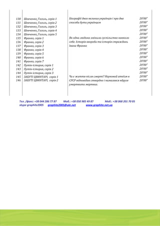 01103, Украина, г. Киев, a/я 54
тел./факс: (044) 2 8 6 7 7 8 7 , 8 ( 0 5 0 ) 9 8 5 4 9 8 7 , 8 ( 0 6 8 ) 2 0 1 7 0 0 5
g r a p h i t e 2 0 0 5 @ u k r . n e t
130 Шевченко_Гоголь, серія 1 Біографії двох великих українців і про два
способи бути українцем
20’00”
131 Шевченко_Гоголь, серія 2 20’00”
132 Шевченко_Гоголь, серія 3 20’00”
133 Шевченко_Гоголь, серія 4 20’00”
134 Шевченко_Гоголь, серія 5 20’00”
135 Франко, серія 1 Як одна людина змінила суспільство навколо
себе. Історія хвороби та історія страждань
Івана Франка
20’00”
136 Франко, серія 2 20’00”
137 Франко, серія 3 20’00”
138 Франко, серія 4 20’00”
139 Франко, серія 5 20’00”
140 Франко, серія 6 20’00”
141 Франко, серія 7 20’00”
142 Путін-історик, серія 1 20’00”
143 Путін-історик, серія 2 20’00”
144 Путін-історик, серія 3 20’00”
145 ЗАБУТІ ЦВИНТАРІ, серія 1 Чи є життя після смерті? Науковий атеїзм в
СРСР відповідав ствердно і намагався вдруге
умертвити мертвих.
20’00”
146 ЗАБУТІ ЦВИНТАРІ, серія 2 20’00”
Тел. /факс: +38 044 286 77 87 Моб.: +38 050 985 49 87 Моб.: +38 068 201 70 05
skype graphite2005 graphite2005@ukr.net www.graphite.net.ua
 