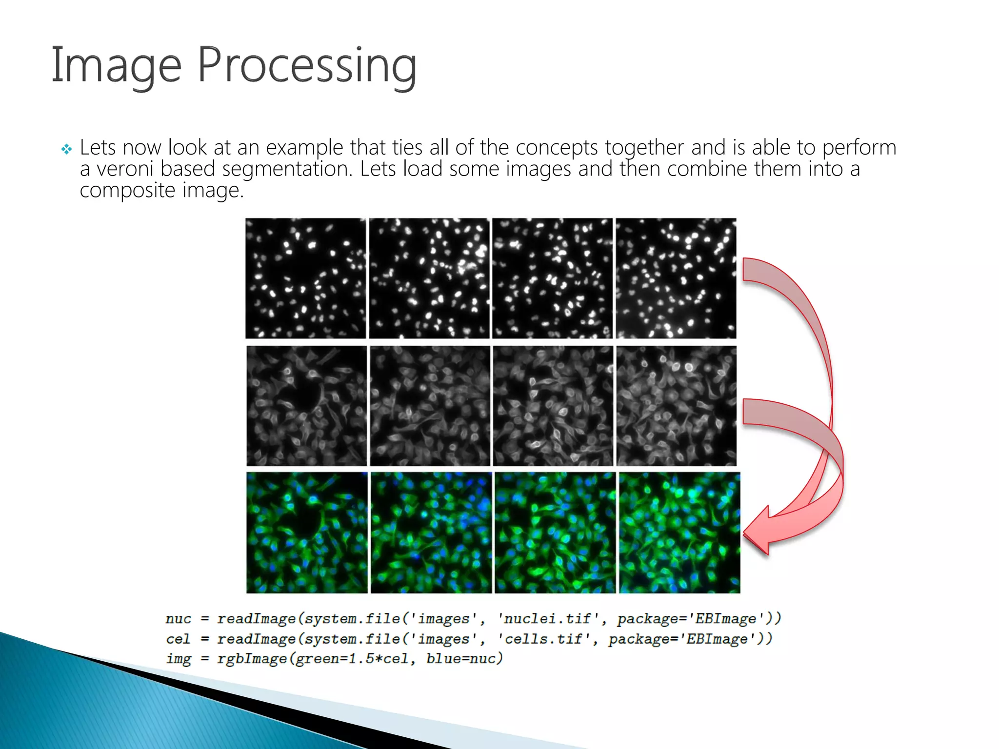  Lets now look at an example that ties all of the concepts together and is able to perform
a veroni based segmentation. Lets load some images and then combine them into a
composite image.
 