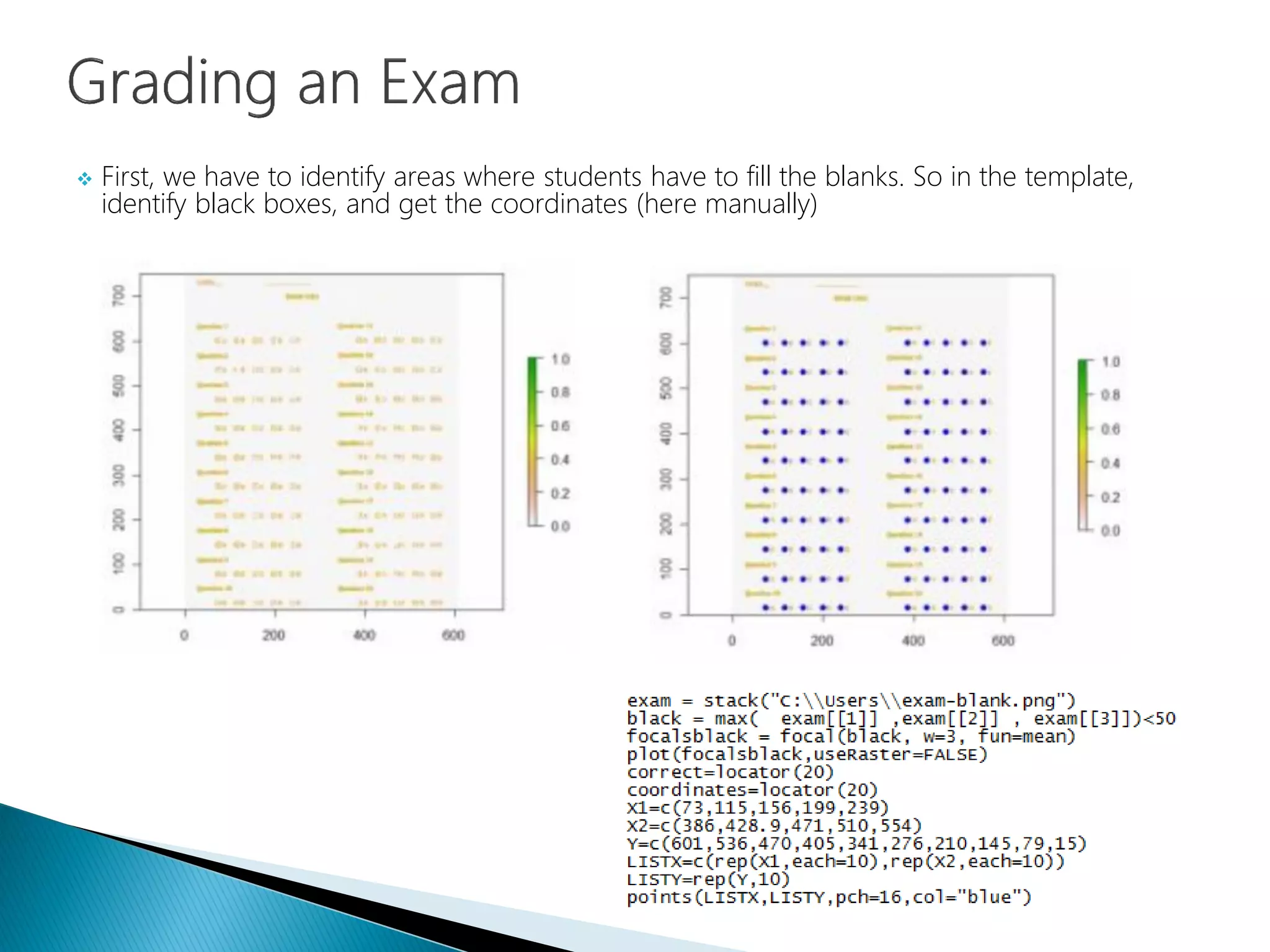  First, we have to identify areas where students have to fill the blanks. So in the template,
identify black boxes, and get the coordinates (here manually)
 