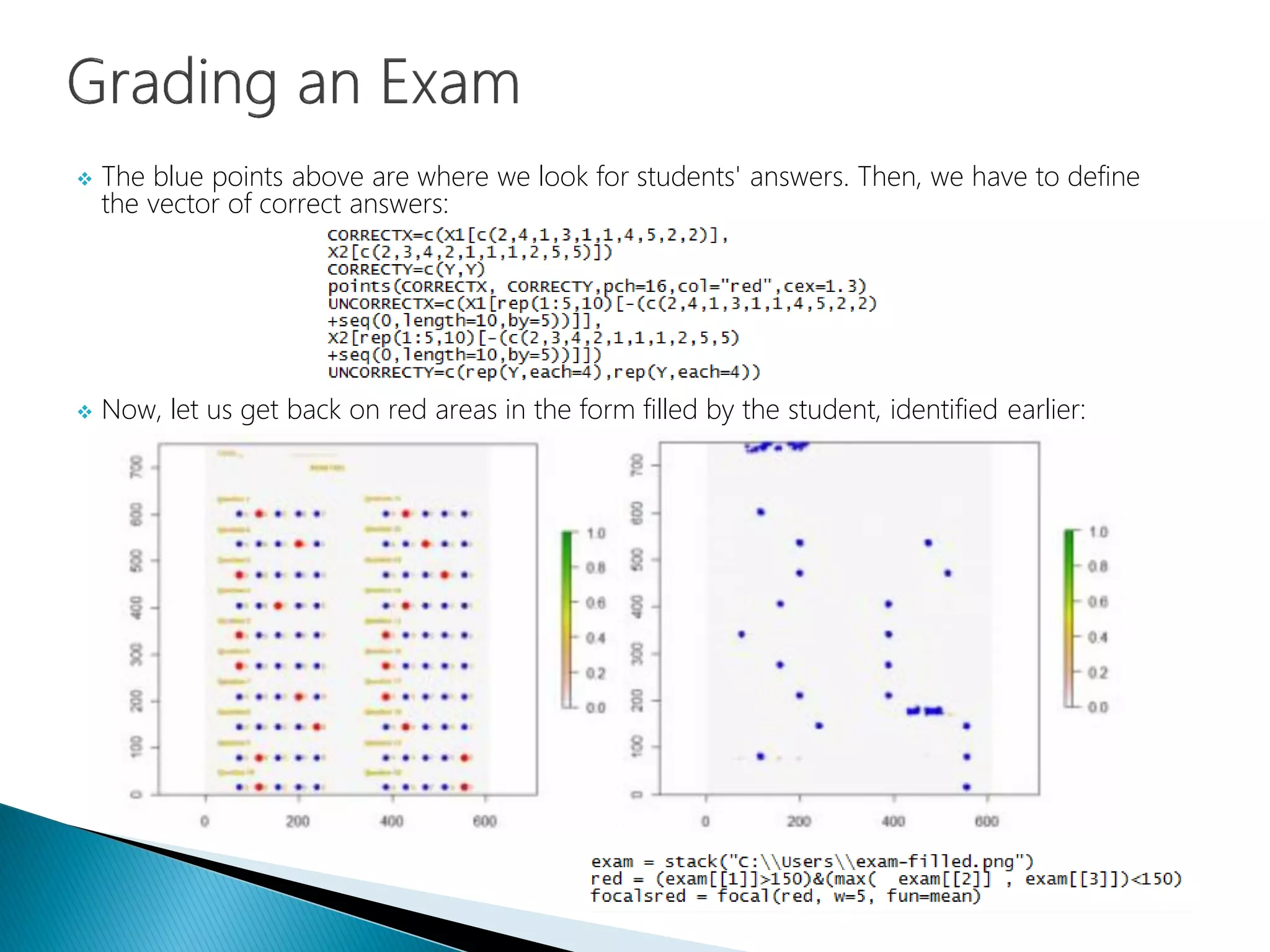  The blue points above are where we look for students' answers. Then, we have to define
the vector of correct answers:
 Now, let us get back on red areas in the form filled by the student, identified earlier:
 