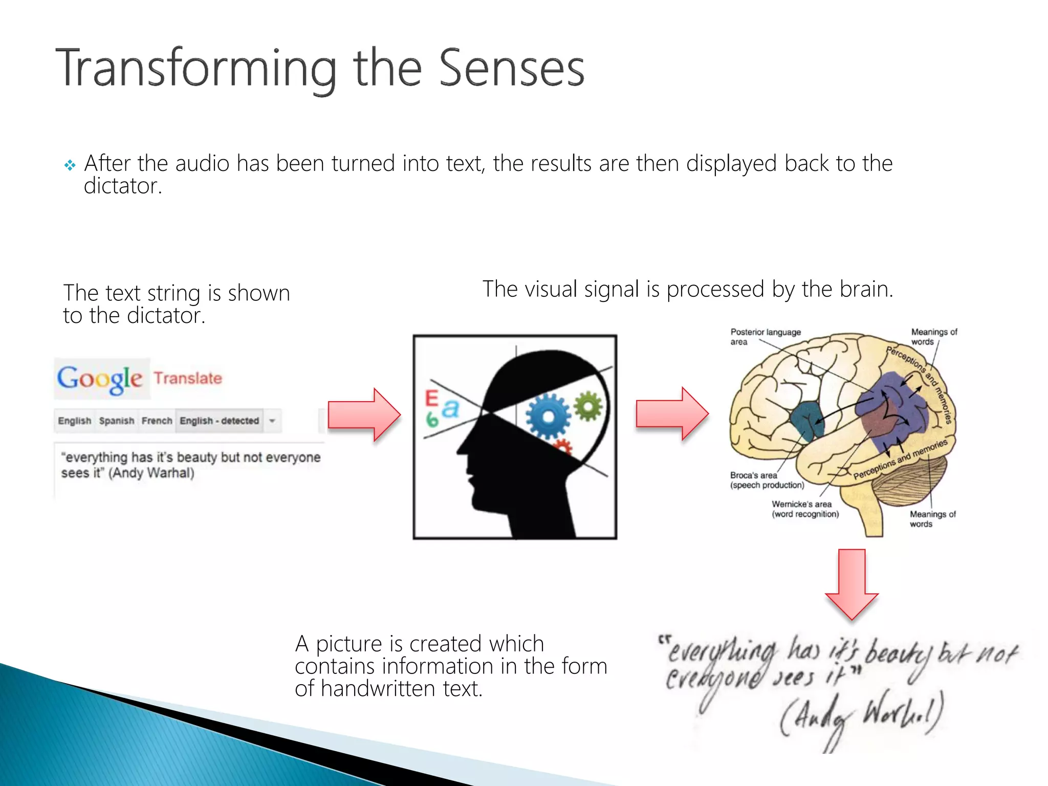  After the audio has been turned into text, the results are then displayed back to the
dictator.
The text string is shown
to the dictator.
The visual signal is processed by the brain.
A picture is created which
contains information in the form
of handwritten text.
 