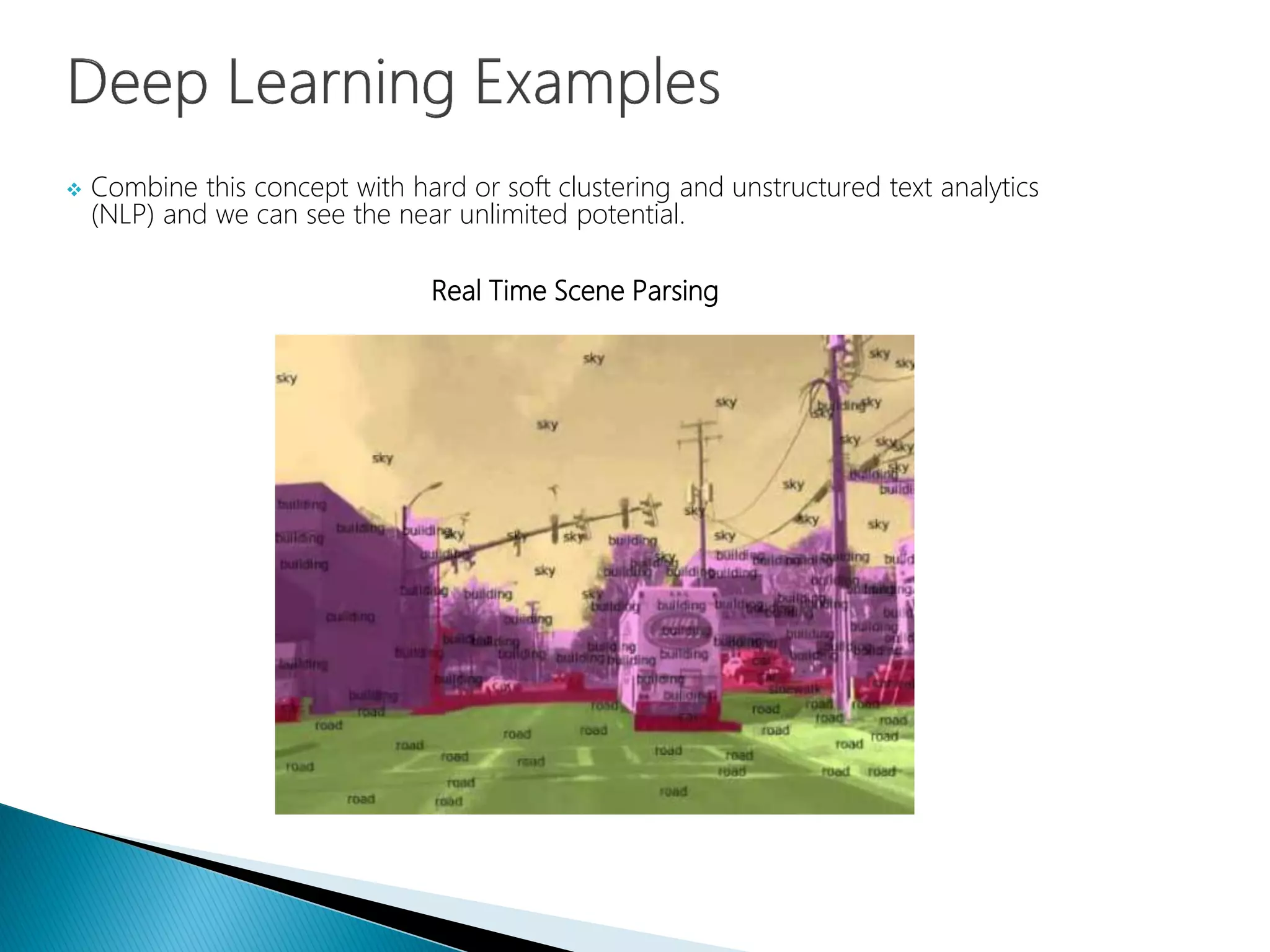  Combine this concept with hard or soft clustering and unstructured text analytics
(NLP) and we can see the near unlimited potential.
Real Time Scene Parsing
 