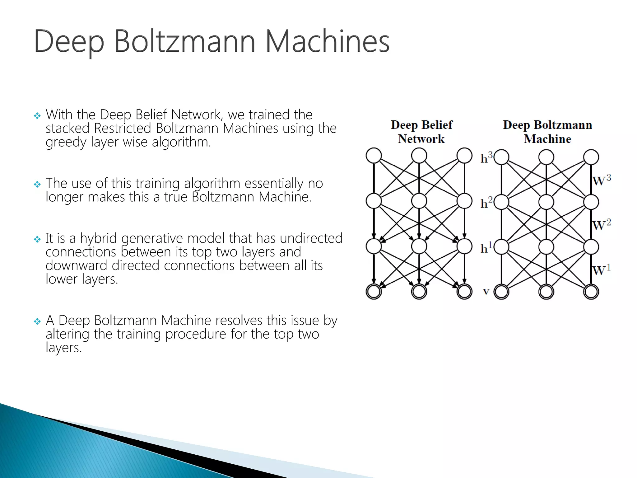  With the Deep Belief Network, we trained the
stacked Restricted Boltzmann Machines using the
greedy layer wise algorithm.
 The use of this training algorithm essentially no
longer makes this a true Boltzmann Machine.
 It is a hybrid generative model that has undirected
connections between its top two layers and
downward directed connections between all its
lower layers.
 A Deep Boltzmann Machine resolves this issue by
altering the training procedure for the top two
layers.
 