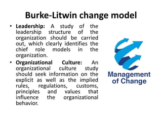 Burke-Litwin change model
• Leadership: A study of the
leadership structure of the
organization should be carried
out, which clearly identifies the
chief role models in the
organization.
• Organizational Culture: An
organizational culture study
should seek information on the
explicit as well as the implied
rules, regulations, customs,
principles and values that
influence the organizational
behavior.
 