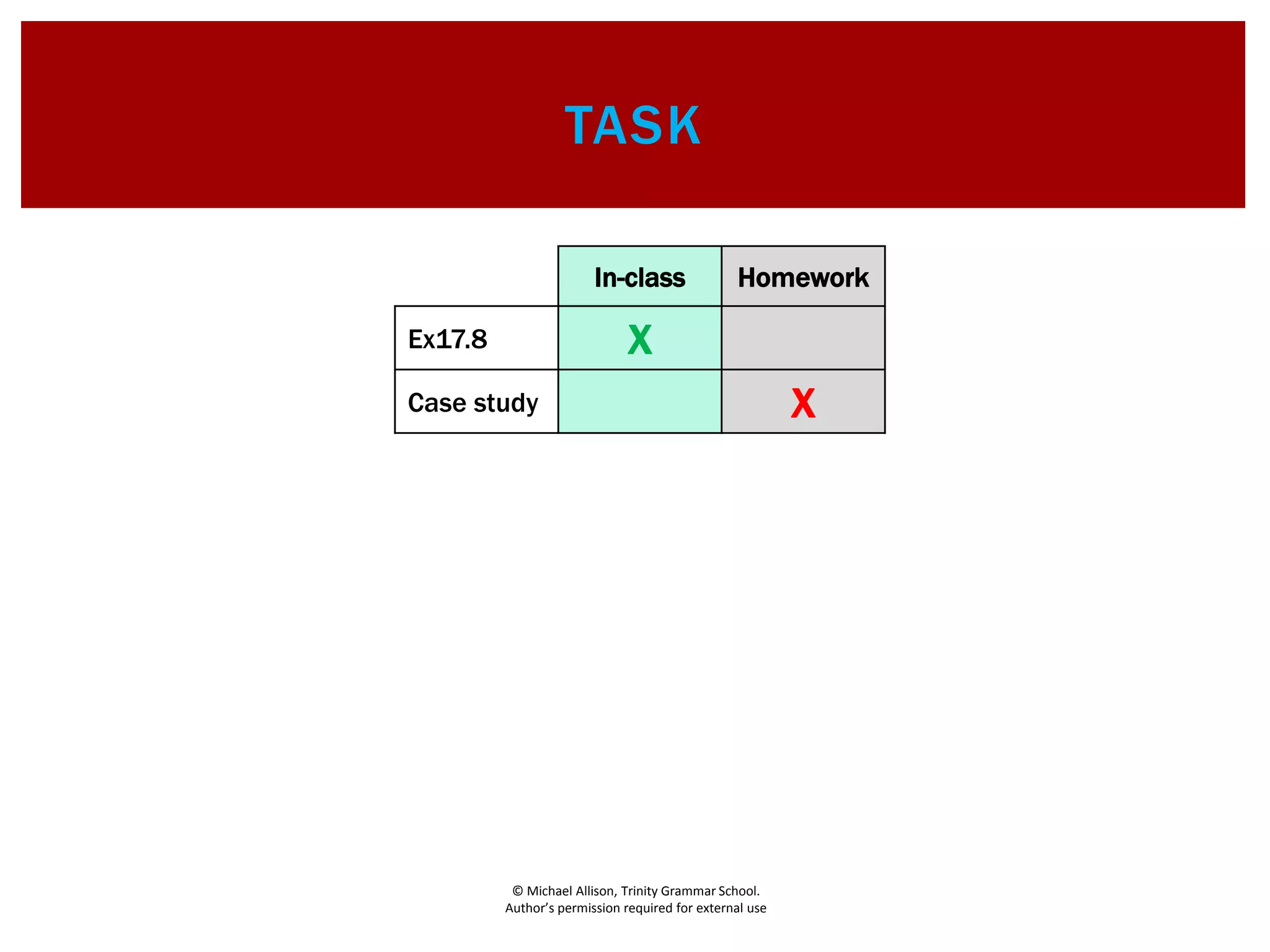 © Michael Allison, Trinity Grammar School.
Author’s permission required for external use
TASK
In-class Homework
Ex17.8 X
Case study X
 