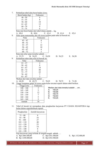 Modul Matematika Kelas XII SMK Kelompok Teknologi
D i b u a t O l e h P a k S u k a n i ; E m a i l : L i k e n y _ r b g @ y a h o o . c o m Page 17
7. Perhatikan tabel data berat badan siswa.
Berat badan (kg) Frekuensi
46 - 50
51 - 55
56 - 60
61 - 65
66 - 70
71 - 75
6
8
10
12
8
6
Rata-rata berat badan dari tabel diatas adalah ... kg.
A. 60,4 B. 60,6 C. 61,4 D. 61,6 E. 62,4
8. Nilai ujian matematika dari 40 siswa terlihat pada tabel di bawah ini.
Nilai Frekuensi
43 – 47
48 – 52
53 – 57
58 – 62
63 – 67
68 – 72
4
7
12
10
4
3
Rata-rata nilai ujian tersebut adalah ….
A. 53,75 B. 54,25 C. 54,50 D. 56,25 E. 56,50
9. Perhatikan tabet data nilai di bawah ini.
Nilai Frekuensi
53 – 57
58 – 62
63 – 67
68 – 72
73 – 77
78 – 82
83 – 87
2
8
18
40
22
7
3
Median dari data tersebut adalah ....
A. 68,50 B. 69,75 C. 70,25 D. 70,75 E. 71,50
10. Tinggi lompatan galah 34 siswa suatu kelas tercatat seperti dalam tabel berikut.
Tinggi (cm) Frekuensi
140 – 144
145 – 149
150 – 154
155 – 159
160 – 164
165 – 169
3
5
12
7
5
2
Jumlah 34
11. Tabel di bawah ini merupakan data penghasilan karyawan PT USAHA SEJAHTERA tiap
bulan dalam sepuluhribuan rupiah:
Penghasilan Jumlah karyawan
71 – 80
81 – 90
91 – 100
101 – 110
111 – 120
121 – 130
131 – 140
141 – 150
8
16
27
40
23
14
8
4
Gaji karyawan yang terletak di tengah-tengah adalah ….
A. Rp1.048.500,00 C. Rp1.051.500,00 E. Rp1.152.000,00
B. Rp 1.050.000,00 D. Rp1.052.500,00
Median dari data tersebut adalah … cm.
A. 150,25
B. 150,68
C. 150,74
D. 152,63
E. 153,25
 