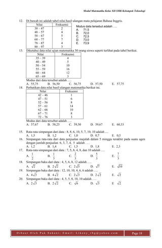 Modul Matematika Kelas XII SMK Kelompok Teknologi
D i b u a t O l e h P a k S u k a n i ; E m a i l : L i k e n y _ r b g @ y a h o o . c o m Page 18
12. Di bawah ini adalah tabel nilai hasil ulangan mata pelajaran Bahasa Inggris.
Nilai Frekuensi
38 – 47
48 – 57
58 – 67
68 – 77
78 – 87
88 – 97
2
4
5
7
4
3
13. Diketahui data nilai ujian matematika 50 orang siswa seperti terlihat pada tabel berikut.
Nilai Frekuensi
35 – 39
40 – 49
50 – 54
55 – 59
60 – 64
65 – 69
4
5
10
16
12
3
Modus dari data tersebut adalah ….
A. 55,75 B. 56,50 C. 56,75 D. 57,50 E. 57,75
14. Perhatikan data nilai hasil ulangan matematika berikut ini.
Nilai Frekuensi
42 – 46
47 – 51
52 – 56
57 – 61
62 – 66
67 – 71
72 – 76
1
6
8
14
10
8
3
Modus dari data tersebut adalah ….
A. 57,67 B. 58,25 C. 59,50 D. 59,67 E. 60,33
15. Rata-rata simpangan dari data : 8, 8, 6, 10, 5, 7, 10, 10 adalah ....
A. 1,5 B. 1,2 C. 1,0 D. 0,7 E. 0,5
16. Simpangan rata-rata dari data penjualan majalah dalam 5 minggu terakhir pada suatu agen
dengan jumlah penjualan 6, 3, 7, 4, 5 adalah . . .
A. 1,2 B. 1,4 C. 1,5 D. 1,8 E. 2,3
17. Rata-rata simpangan dari data : 7, 5, 8, 4, 8, dan 10 adalah ….
A.
2
1
B.
3
1
C.
3
2
D.
3
5
E.
3
7
18. Simpangan baku dari data : 4, 5, 6, 8, 12 adalah ….
A. 2 B. 2 2 C. 2 3 D. 7 E. 10
19. Simpangan baku dari data : 12, 10, 10, 4, 6, 6 adalah ….
A. 4 3 B. 4 2 C. 2 3 D. 2 2 E. 2
20. Simpangan baku dari data : 4, 5, 5, 8, 10, 10 adalah ….
A. 2 3 B. 2 2 C. 6 D. 3 E 2
Modus data tersebut adalah ….
A. 71,5
B. 72,0
C. 72,5
D. 73,0
E. 73,9
 