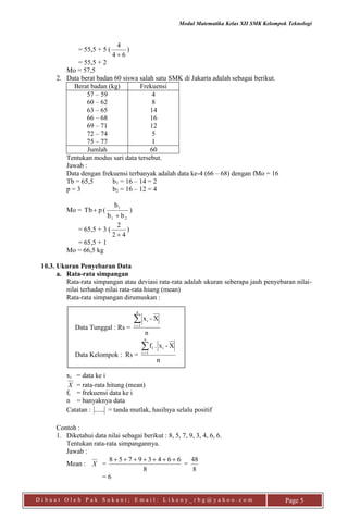 Modul Matematika Kelas XII SMK Kelompok Teknologi
D i b u a t O l e h P a k S u k a n i ; E m a i l : L i k e n y _ r b g @ y a h o o . c o m Page 5
= 55,5 + 5 (
64
4

)
= 55,5 + 2
Mo = 57,5
2. Data berat badan 60 siswa salah satu SMK di Jakarta adalah sebagai berikut.
Berat badan (kg) Frekuensi
57 – 59
60 – 62
63 – 65
66 – 68
69 – 71
72 – 74
75 – 77
4
8
14
16
12
5
1
Jumlah 60
Tentukan modus sari data tersebut.
Jawab :
Data dengan frekuensi terbanyak adalah data ke-4 (66 – 68) dengan fMo = 16
Tb = 65,5 b1 = 16 – 14 = 2
p = 3 b2 = 16 – 12 = 4
Mo = )
bb
b
(pTb
21
1


= 65,5 + 3 (
42
2

)
= 65,5 + 1
Mo = 66,5 kg
10.3. Ukuran Penyebaran Data
a. Rata-rata simpangan
Rata-rata simpangan atau deviasi rata-rata adalah ukuran seberapa jauh penyebaran nilai-
nilai terhadap nilai rata-rata hiung (mean)
Rata-rata simpangan dirumuskan :
Data Tunggal : Rs =
n
X-x
n
1i
i
Data Kelompok : Rs =
n
X-x.f
n
1i
i1
xi = data ke i
X = rata-rata hitung (mean)
fi = frekuensi data ke i
n = banyaknya data
Catatan : ...... = tanda mutlak, hasilnya selalu positif
Contoh :
1. Diketahui data nilai sebagai berikut : 8, 5, 7, 9, 3, 4, 6, 6.
Tentukan rata-rata simpangannya.
Jawab :
Mean : X =
8
66439758 
=
8
48
= 6
 