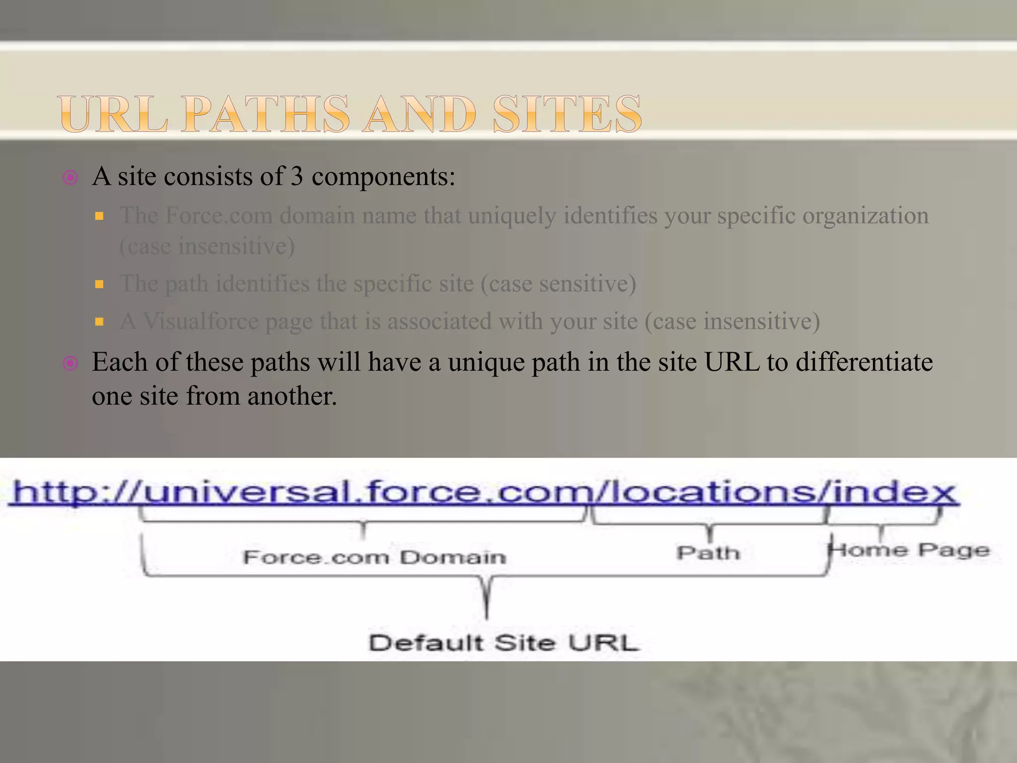  A site consists of 3 components:
 The Force.com domain name that uniquely identifies your specific organization
(case insensitive)
 The path identifies the specific site (case sensitive)
 A Visualforce page that is associated with your site (case insensitive)
 Each of these paths will have a unique path in the site URL to differentiate
one site from another.
 