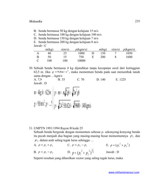 Mekanika
B. benda bermassa 50 kg dengan kelajuan 15 m/s
C. benda bermassa 100 kg dengan kelajuan 100 m/s
D. benda bermassa 150 kg dengan kelajuan 7 m/s
E. benda bermassa 200 kg dengan kelajuan 8 m/s
Jawab : C
m(kg) v(m/s) p(kgm/s) m(kg) v(m/s) p(kgm/s)
A 40 25 1000 D 150 7 1050
B 50 15 750 E 200 8 1600
C 100 100 10000
30. Sebuah benda bermassa 4 kg dijatuhkan tanpa kecepatan awal dari ketinggian
62,5 m. Jika 2
/8,9 smg = , maka momentum benda pada saat menumbuk tanah
sama dengan …kgm/s
A. 7,9 B. 35 C. 70 D. 140 E. 1225
Jawab : D




===
===



==
==
kgm/s140196006,62.8,9.4.2
22
?...;m/s8,9
5,62;4
2
2
2
p
ghmghmmvp
pg
mhkgm
31. UMPTN 1991/1994 Rayon B kode 25
Sebuah benda bergerak dengan momentum sebesar p. sekonyong-konyong benda
itu pecah menjadi dua bagian yang masing-masing besar momentumnya 1p dan
2p dalam arah saling tegak lurus sehingga …
A. 21 ppp += C. 12 ppp −= E. )(
2
2
2
1 ppp +=
B. 21 ppp −= D. 2
12
2
2
1 )( ppp += Jawab : D
Seperti resultan yang dihasilkan vector yang saling tegak lurus, maka
www.mhharismansur.com
235
 